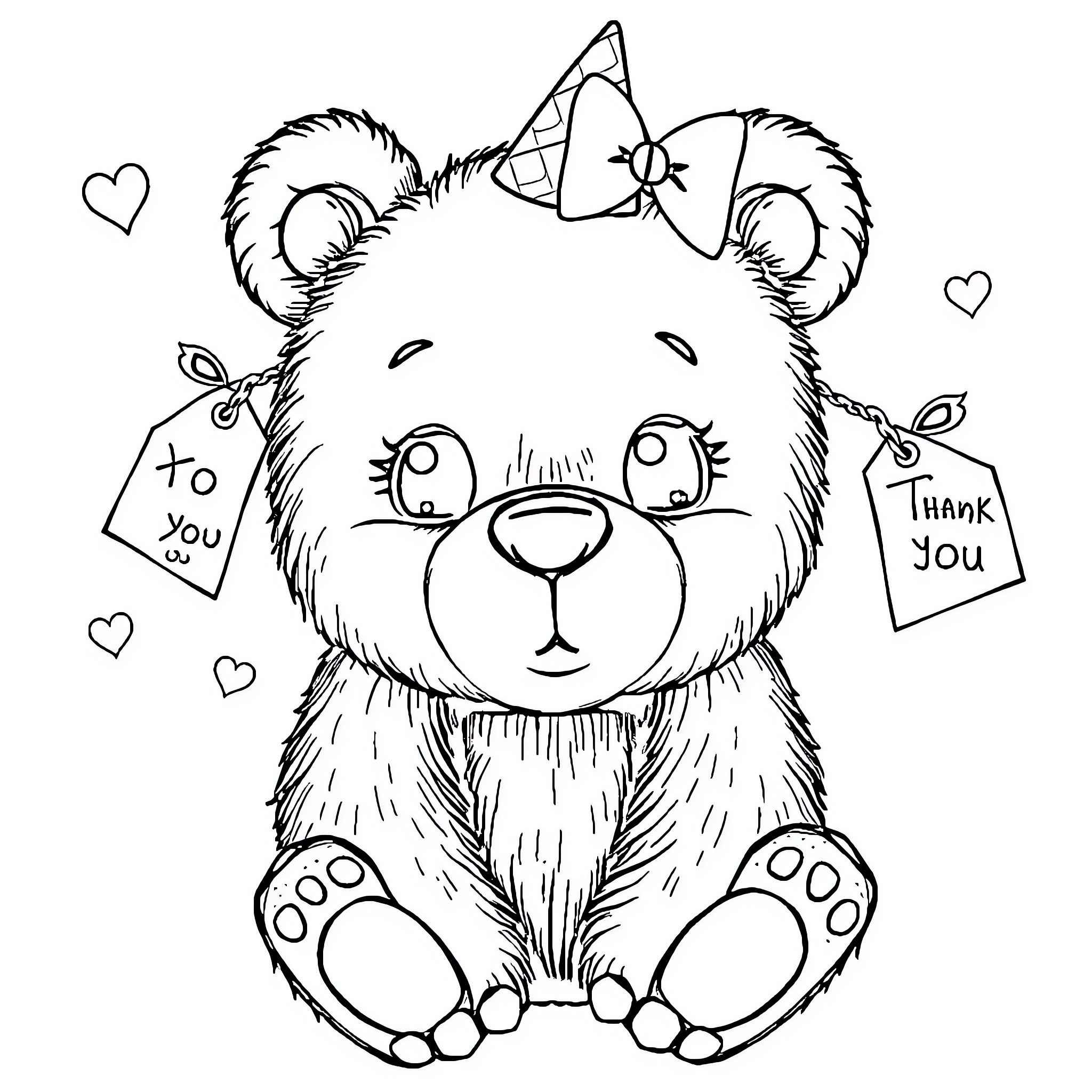 Bear holding thank you signs with a bow Coloring Page (free black-and-white line drawing printable PDF for all, from beginners to advanced learners, including children, teens, adults, and seniors)