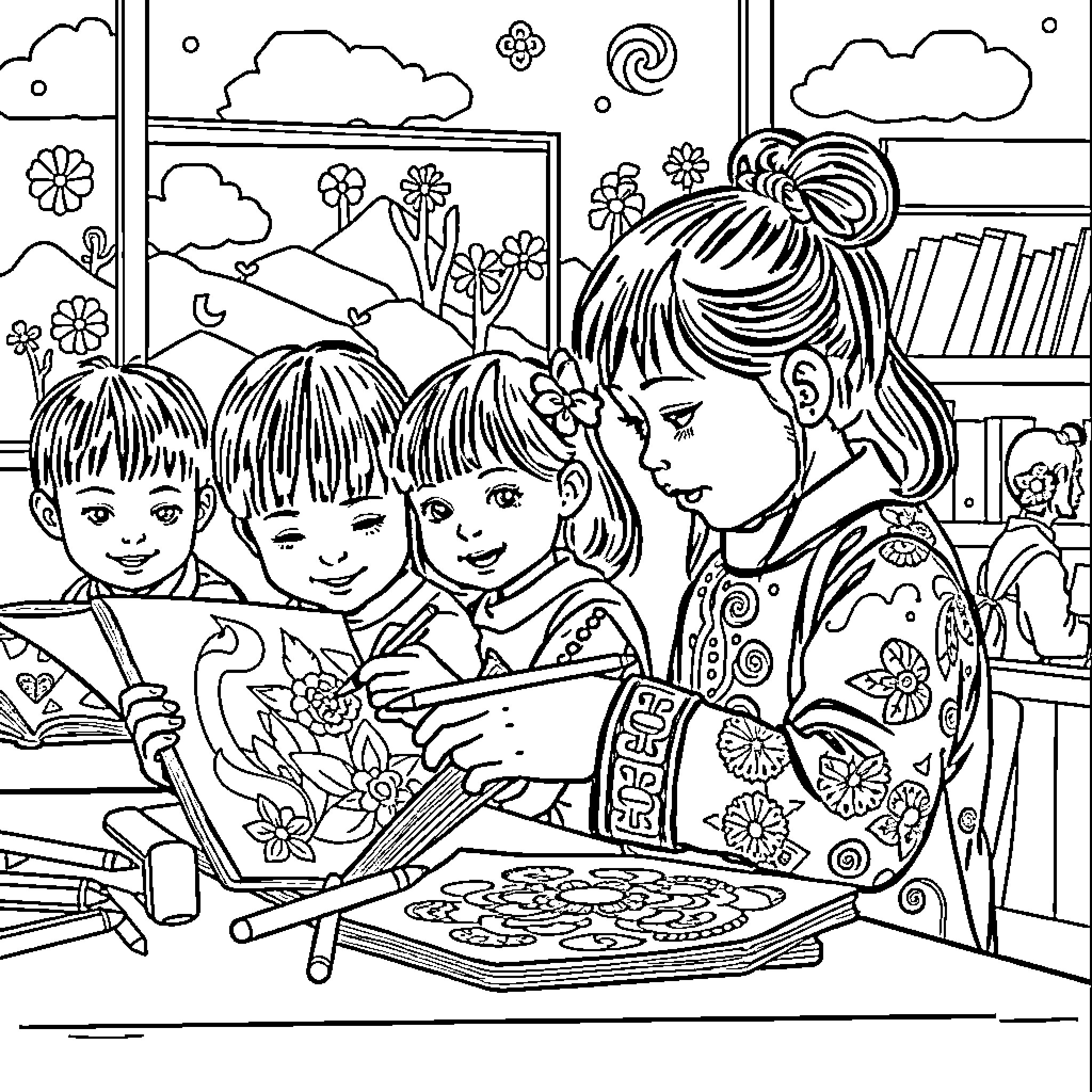 Quamichan Children Enjoying Coloring Book Together Coloring Page (free black-and-white line drawing printable PDF for all, from beginners to advanced learners, including children, teens, adults, and seniors)