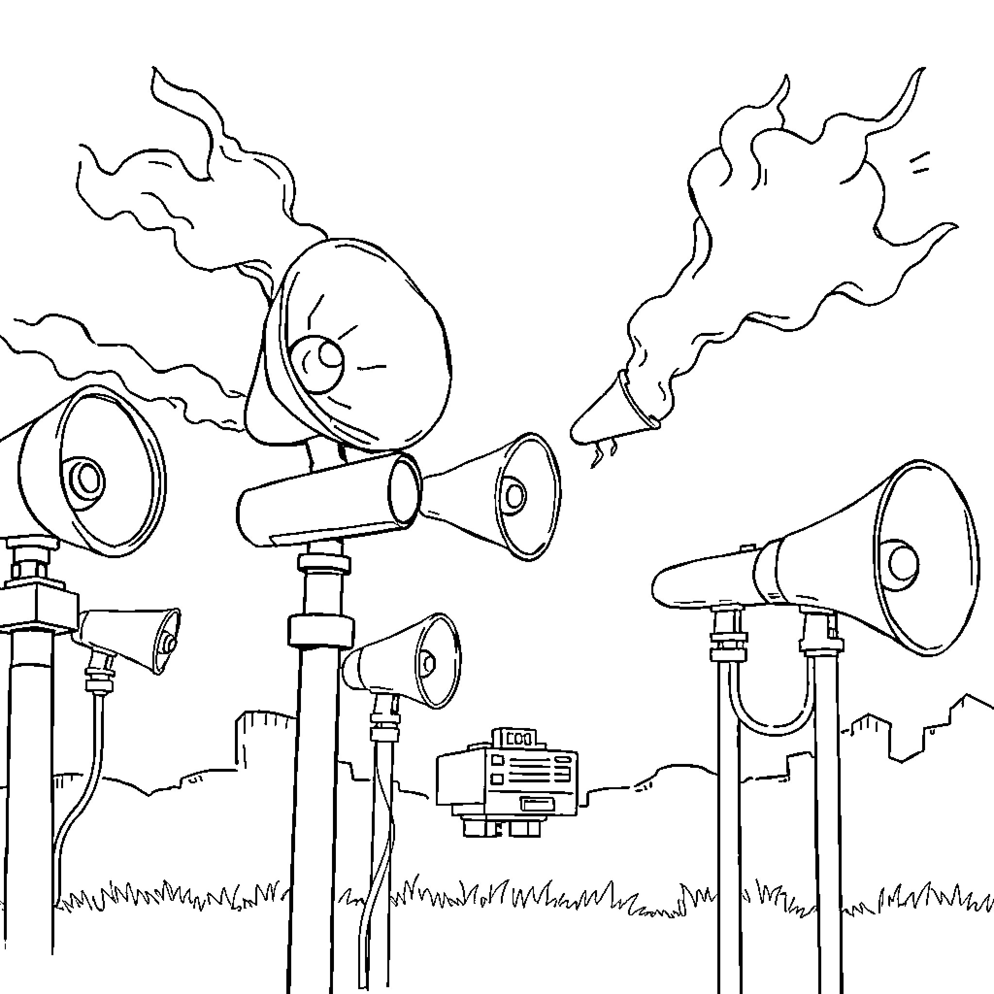 Storm Siren Warning System Activation in City Coloring Page (free black-and-white line drawing printable PDF for all, from beginners to advanced learners, including children, teens, adults, and seniors)