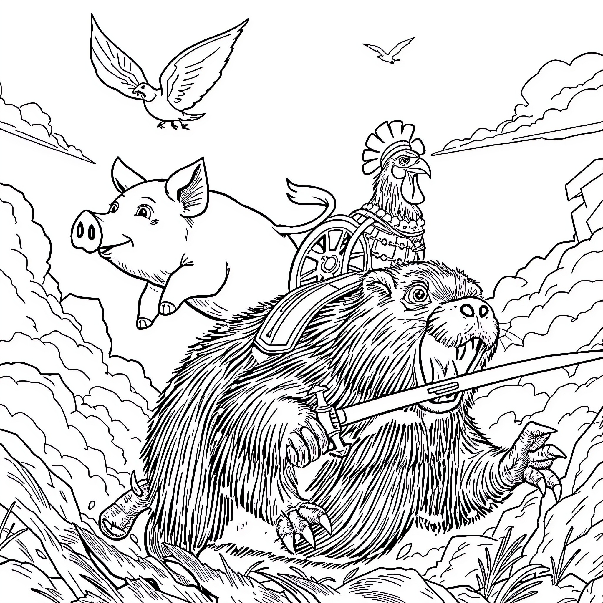 Pig and Rooster Exploring the Whimsical Countryside Coloring Page (free black-and-white line drawing printable PDF for all, from beginners to advanced learners, including children, teens, adults, and seniors)