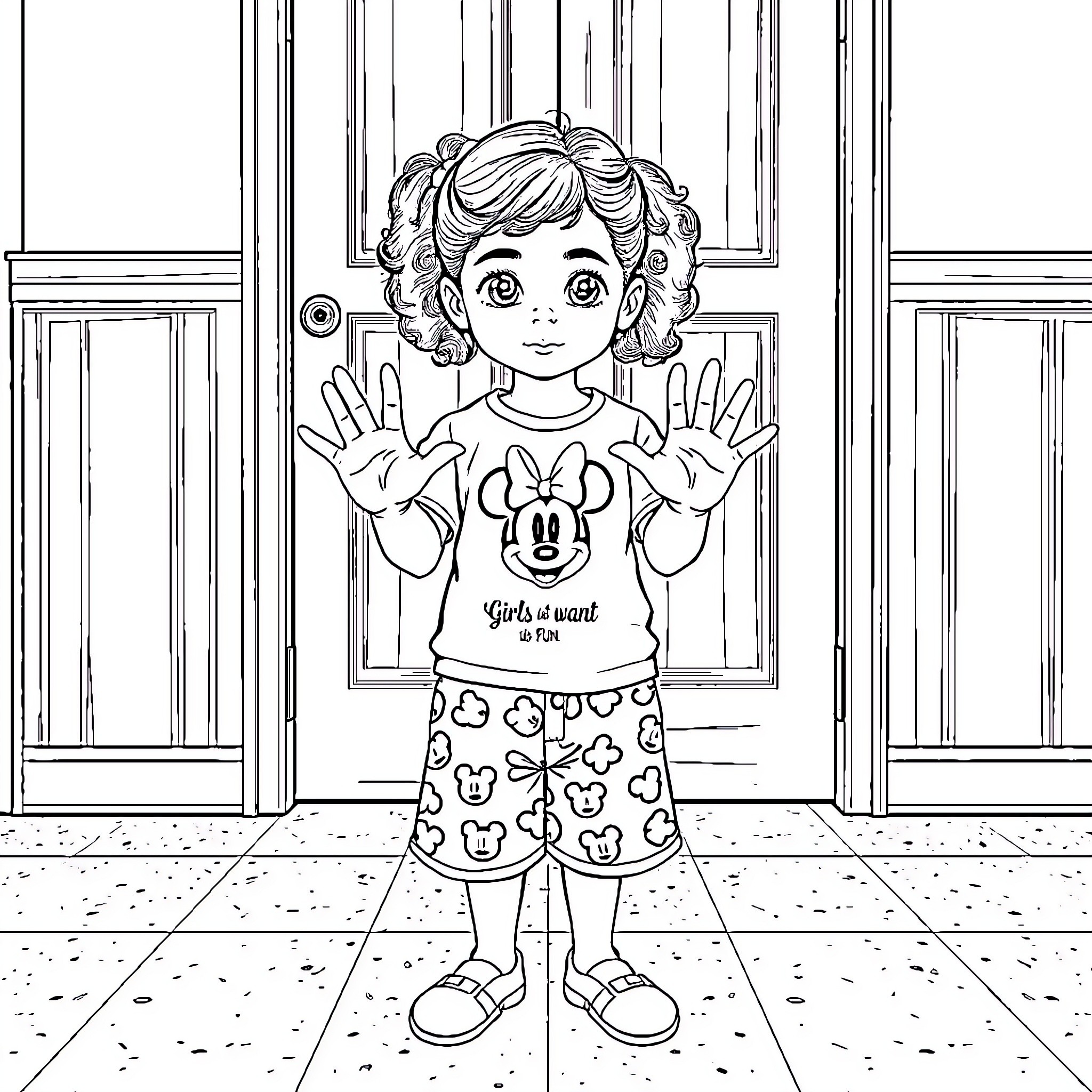 Girl in Colorful Mickey Mouse Outfit Coloring Page (free black-and-white line drawing printable PDF for all, from beginners to advanced learners, including children, teens, adults, and seniors)