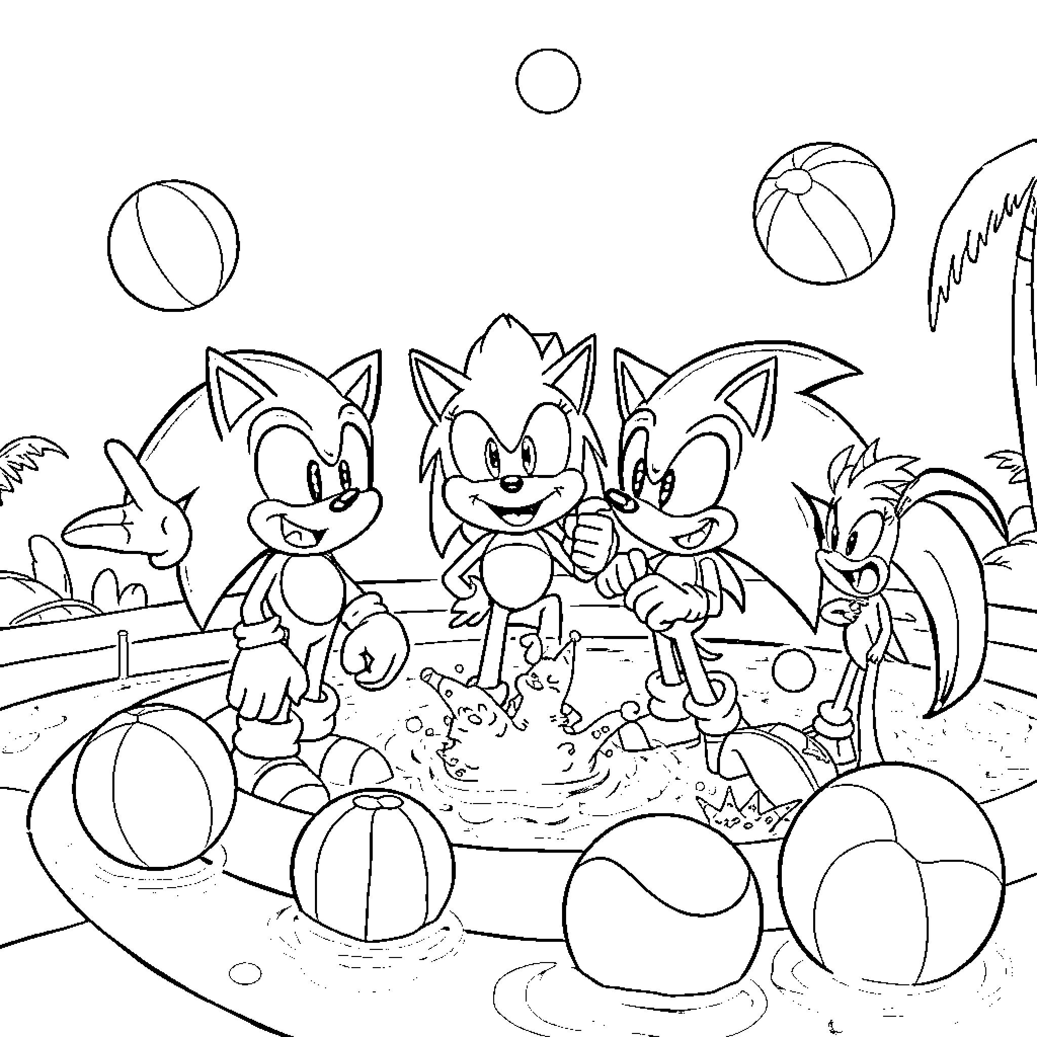 Sonic characters playing happily in a pool Coloring Page (free black-and-white line drawing printable PDF for all, from beginners to advanced learners, including children, teens, adults, and seniors)
