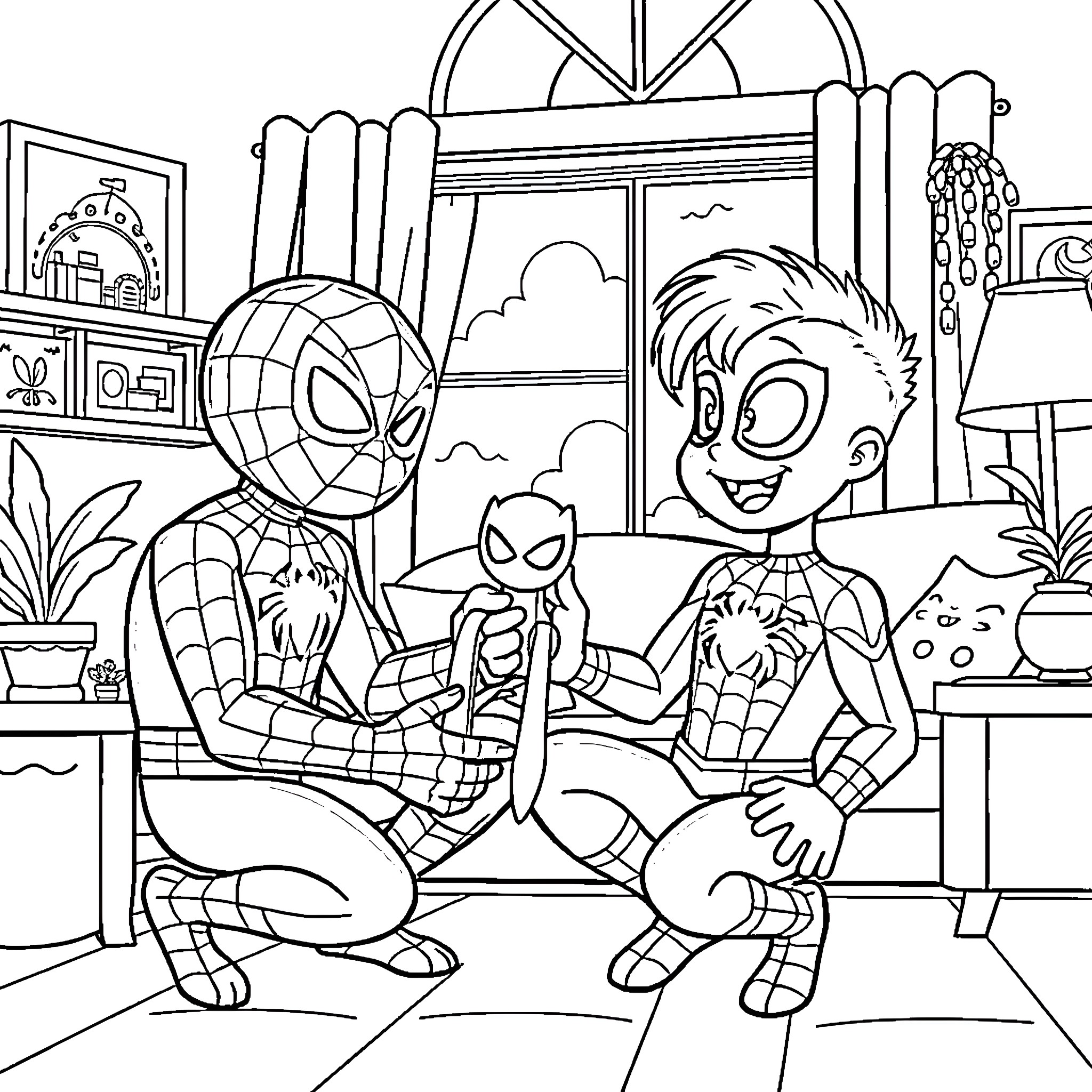 Bluey and Spiderman Hanging Out Coloring Page (free black-and-white line drawing printable PDF for all, from beginners to advanced learners, including children, teens, adults, and seniors)