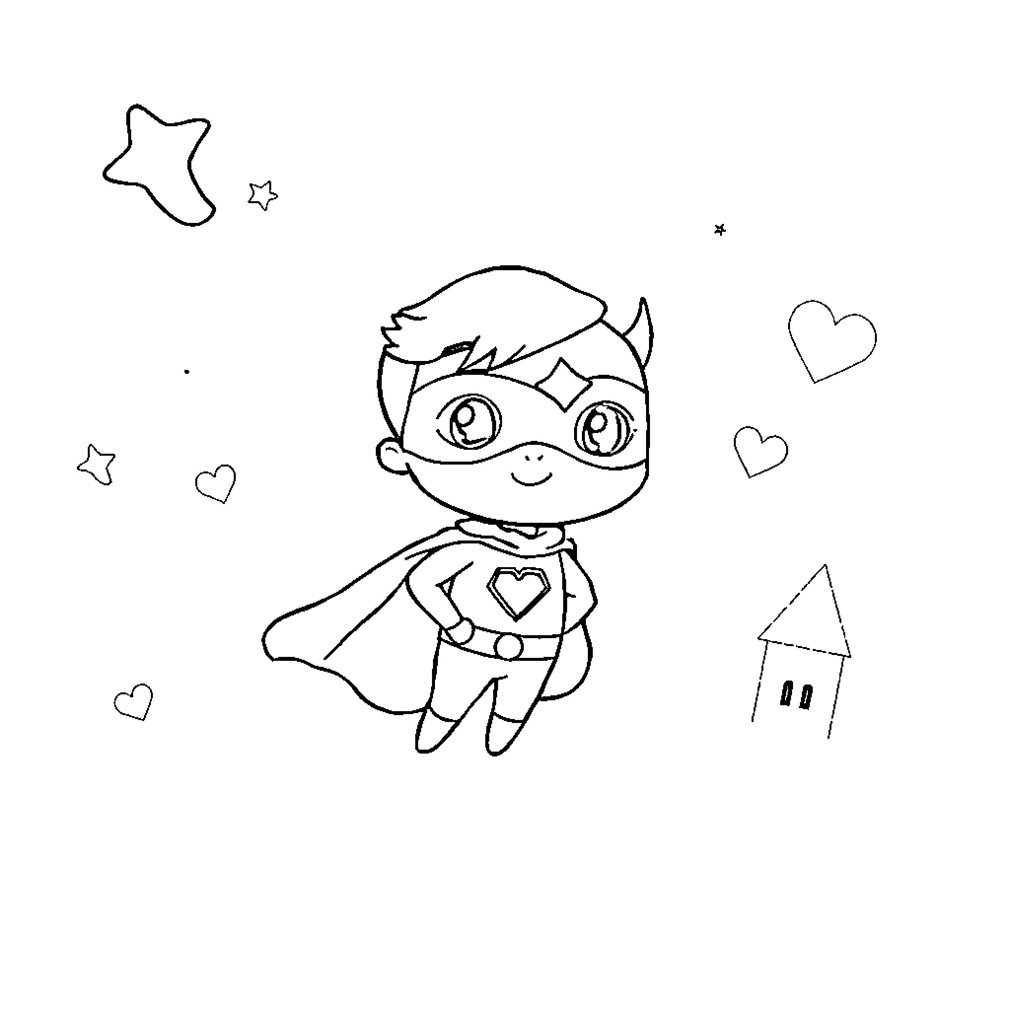 Hero Soaring with Whimsical Hearts Coloring Page (free black-and-white line drawing printable PDF for all, from beginners to advanced learners, including children, teens, adults, and seniors)