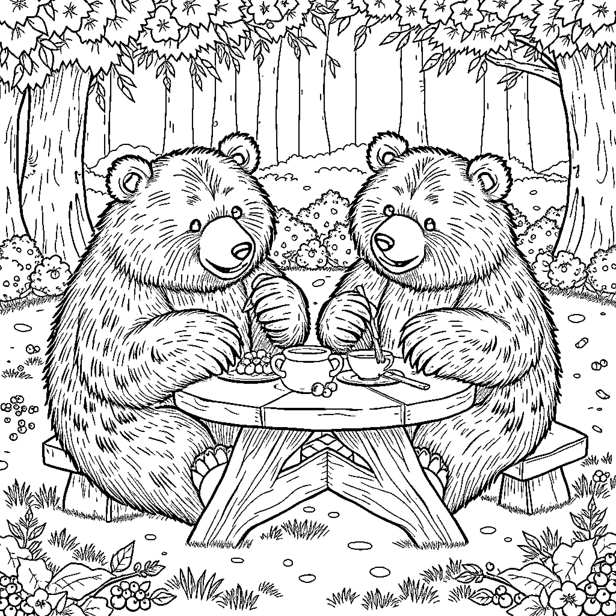 Bear friends sharing a picnic in the forest Coloring Page (free black-and-white line drawing printable PDF for all, from beginners to advanced learners, including children, teens, adults, and seniors)