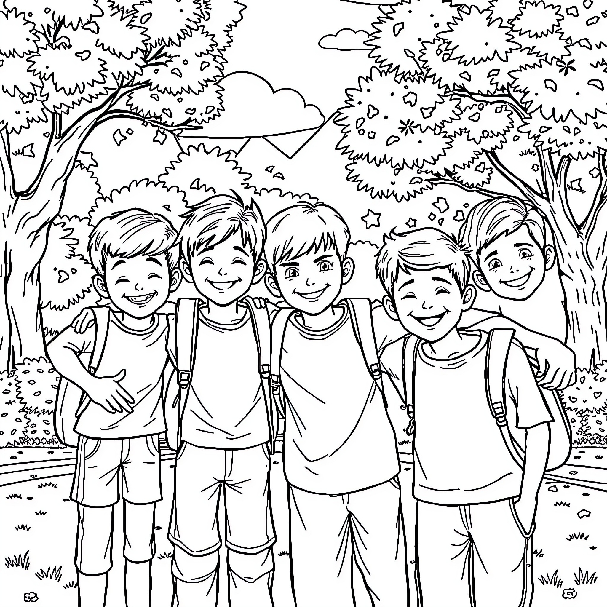 Boys exploring the outdoor adventure in the forest Coloring Page (free black-and-white line drawing printable PDF for all, from beginners to advanced learners, including children, teens, adults, and seniors)