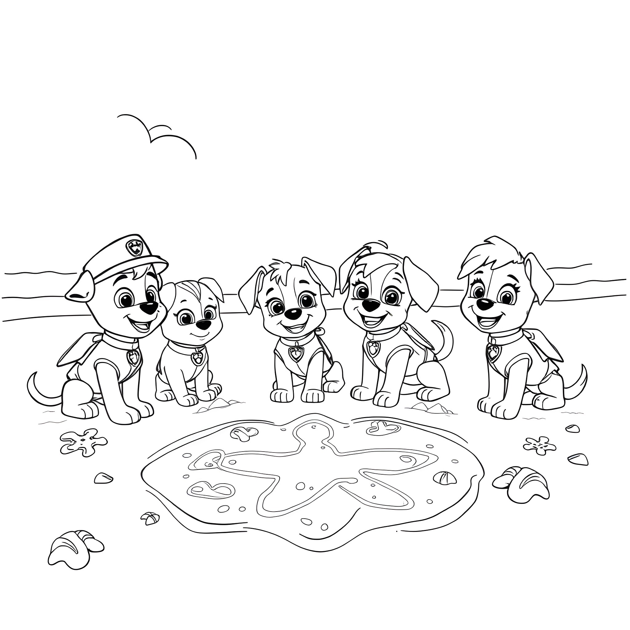 Raya and the Paw Patrol Puppies on the Beach Coloring Page (free black-and-white line drawing printable PDF for all, from beginners to advanced learners, including children, teens, adults, and seniors)