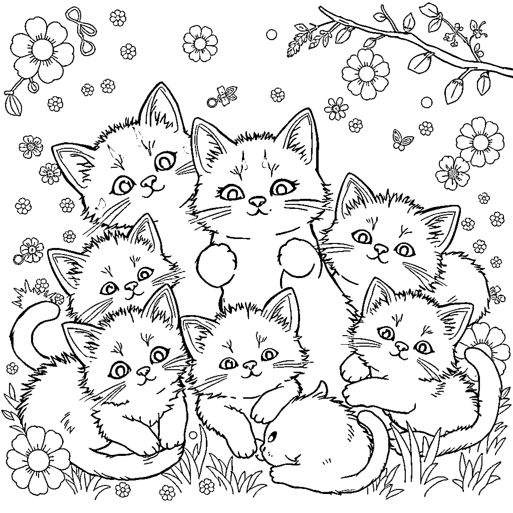 Cats playing with flowers in a garden Coloring Page (free black-and-white line drawing printable PDF for all, from beginners to advanced learners, including children, teens, adults, and seniors)