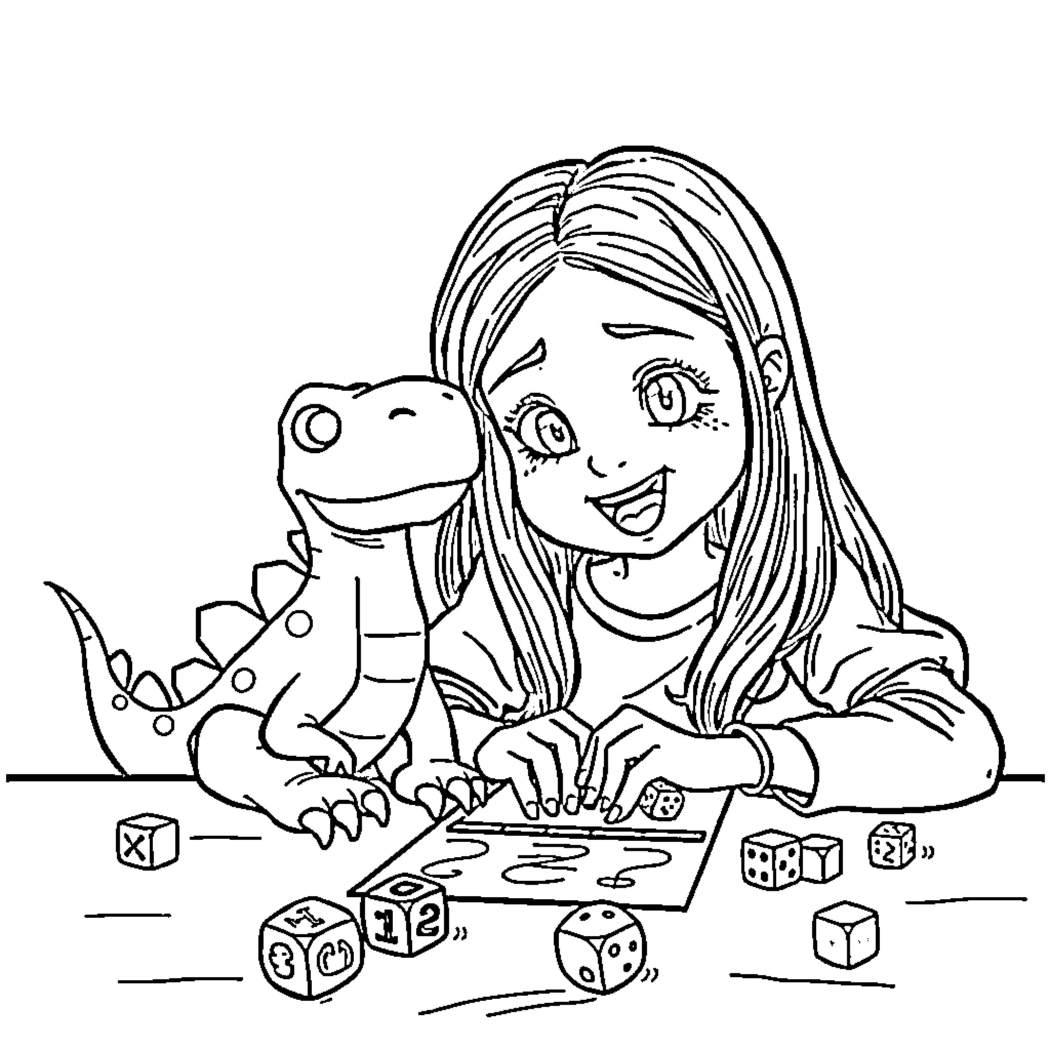 Girl playing happily with toy reptile on the floor Coloring Page (free black-and-white line drawing printable PDF for all, from beginners to advanced learners, including children, teens, adults, and seniors)