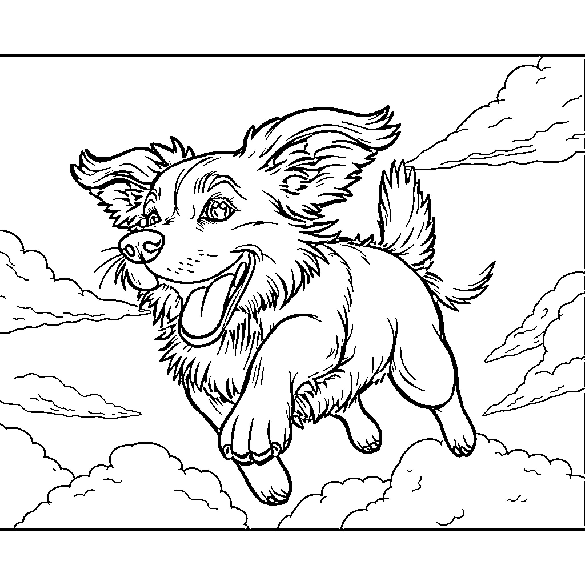 Flying Dog Soaring Through Cloudy Skies Coloring Page (free black-and-white line drawing printable PDF for all, from beginners to advanced learners, including children, teens, adults, and seniors)