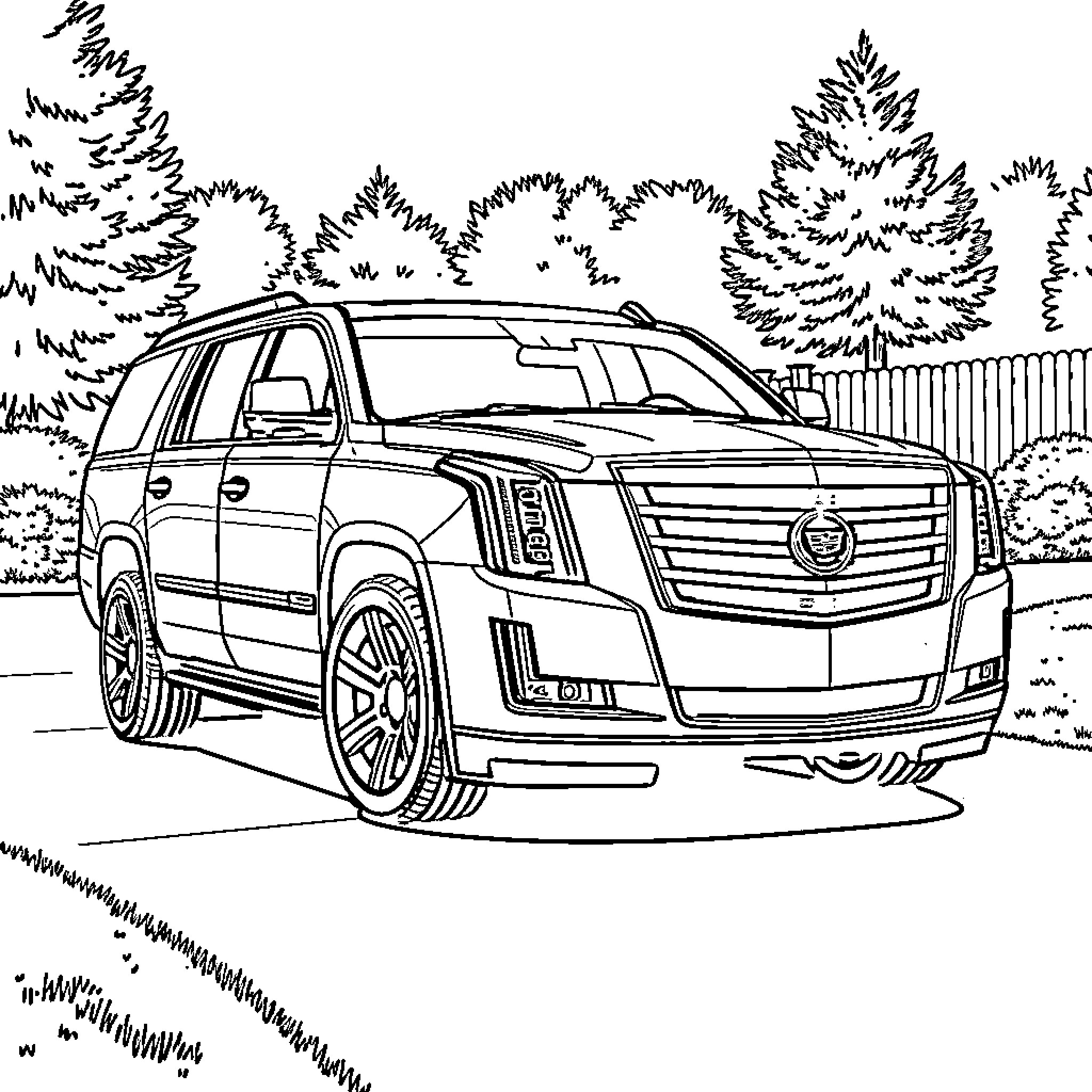 Cadillac SUV in the countryside Coloring Page (free black-and-white line drawing printable PDF for all, from beginners to advanced learners, including children, teens, adults, and seniors)