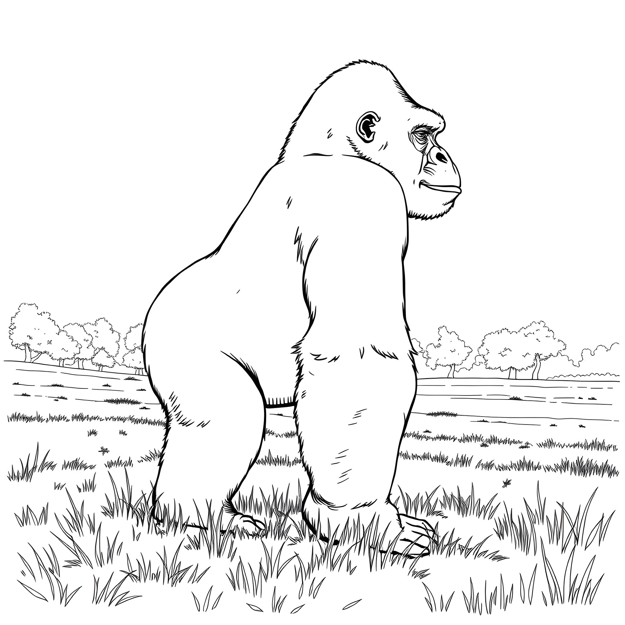 Gorilla standing proudly in the wild Coloring Page (free black-and-white line drawing printable PDF for all, from beginners to advanced learners, including children, teens, adults, and seniors)