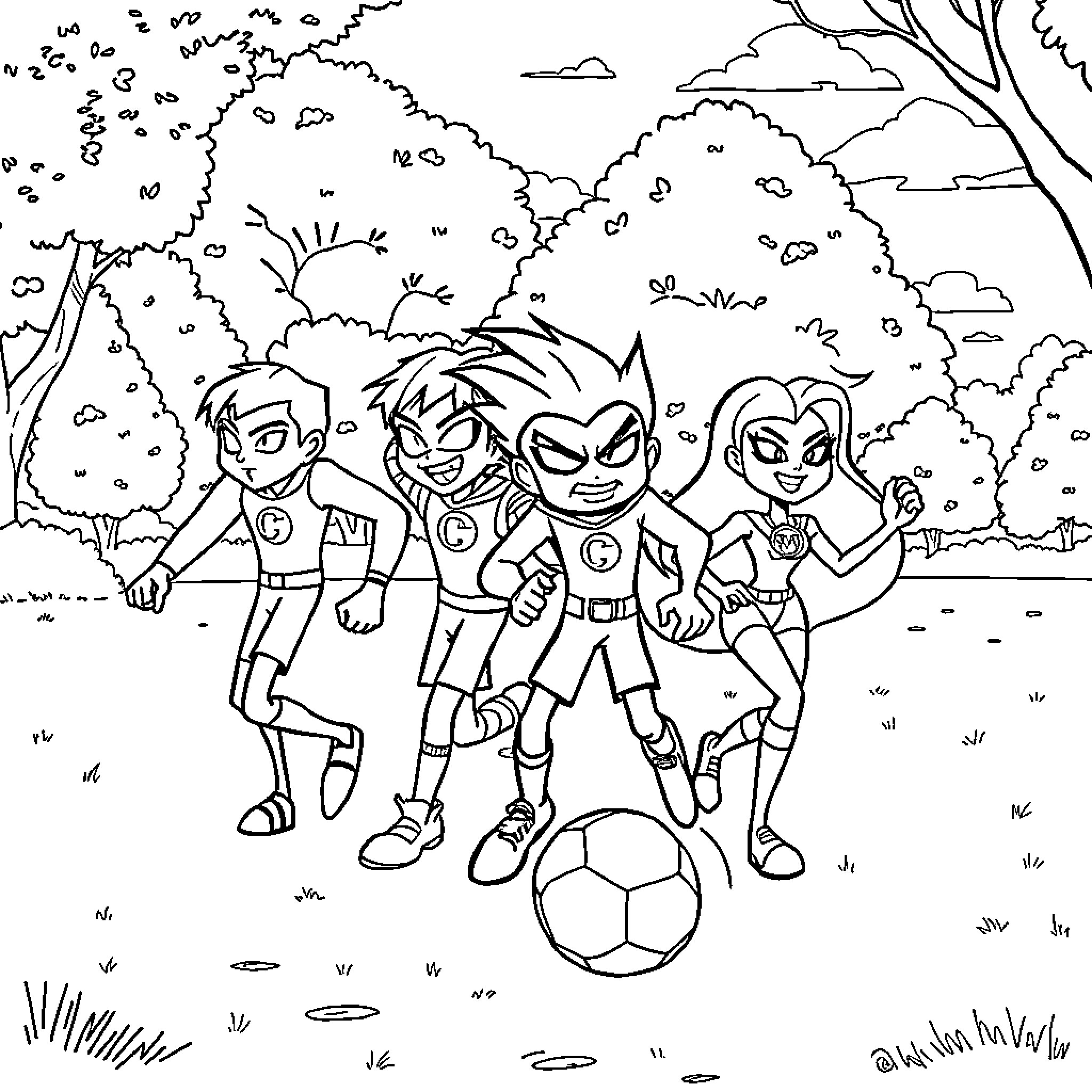 Teen Titans Playing Soccer in the Park Coloring Page (free black-and-white line drawing printable PDF for all, from beginners to advanced learners, including children, teens, adults, and seniors)