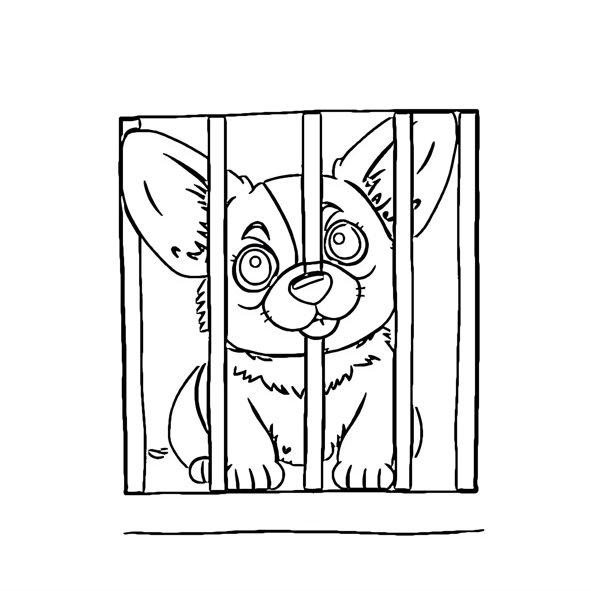 Corgi peering through a fence Coloring Page (free black-and-white line drawing printable PDF for all, from beginners to advanced learners, including children, teens, adults, and seniors)