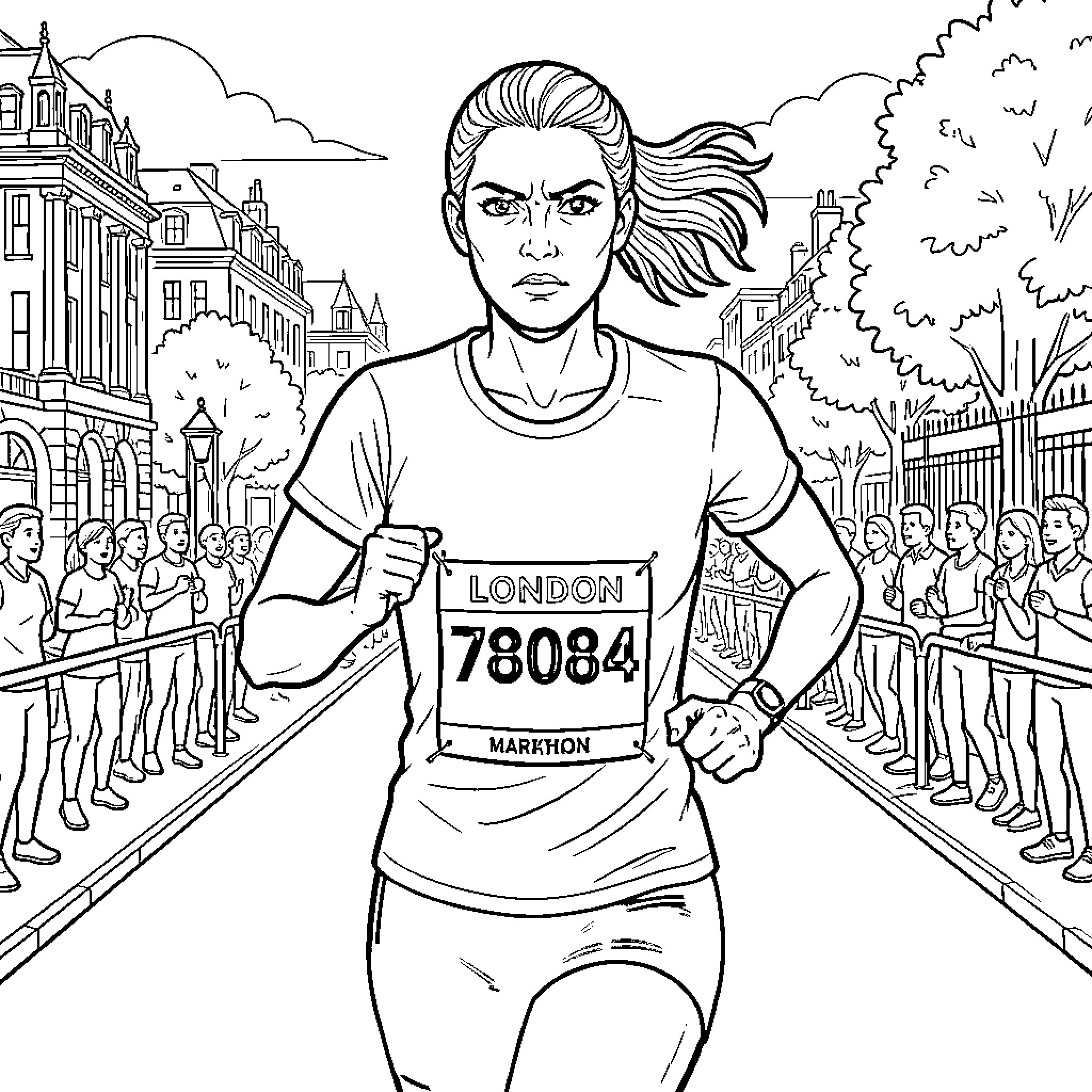 Woman running in marathon with determination Coloring Page (free black-and-white line drawing printable PDF for all, from beginners to advanced learners, including children, teens, adults, and seniors)
