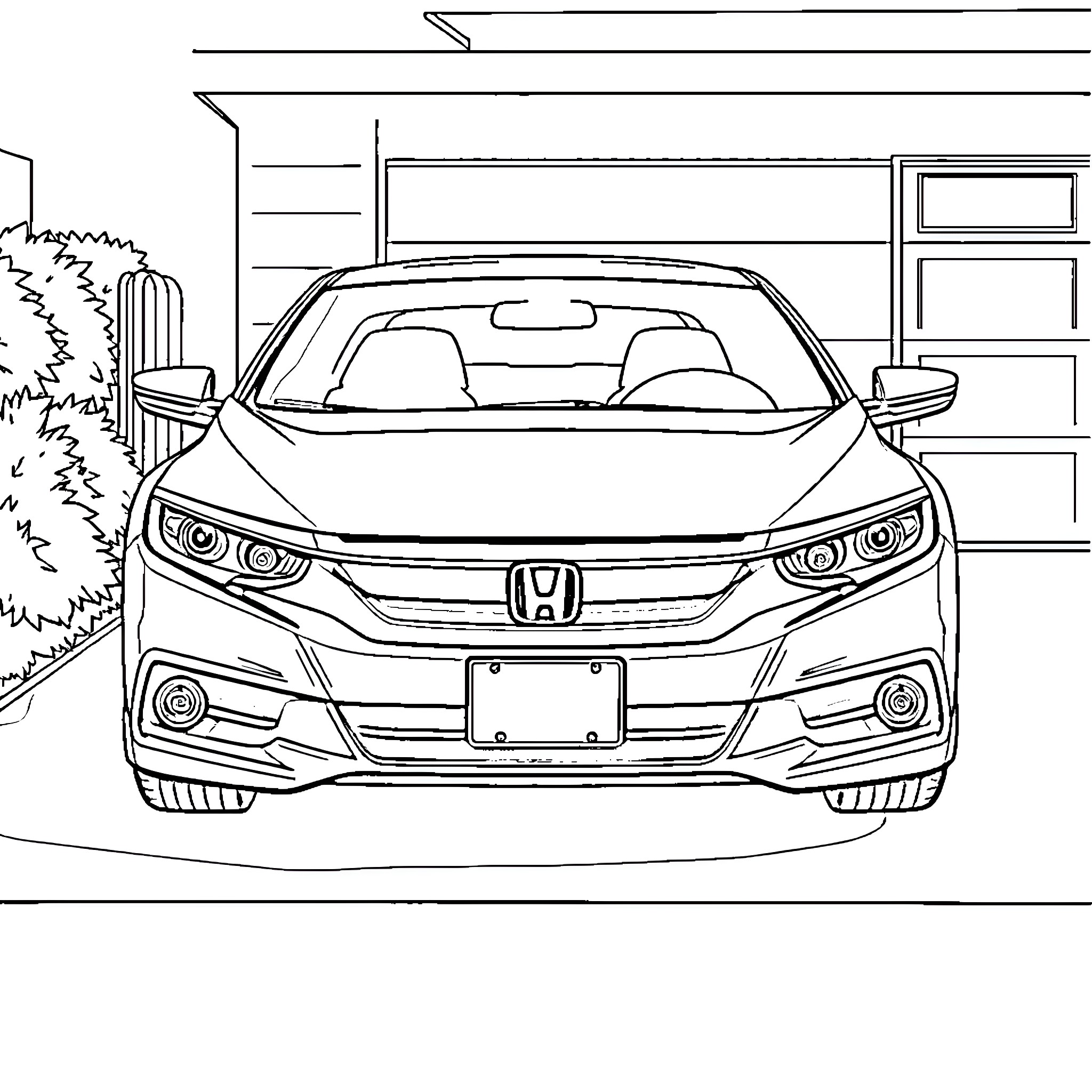 Honda sedan in front of garage Coloring Page (free black-and-white line drawing printable PDF for all, from beginners to advanced learners, including children, teens, adults, and seniors)