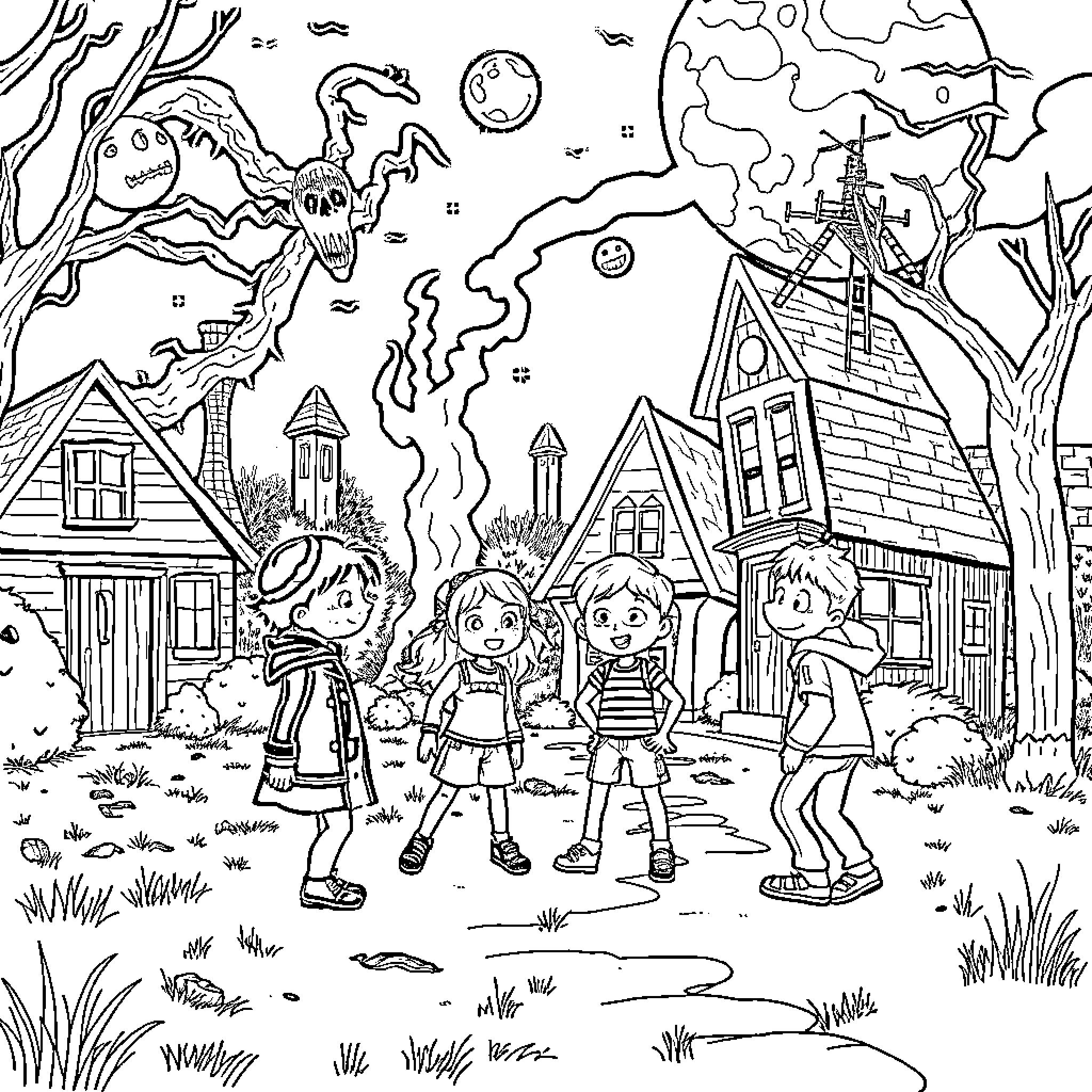 Stranger Things: Children exploring the spooky neighborhood Coloring Page (free black-and-white line drawing printable PDF for all, from beginners to advanced learners, including children, teens, adults, and seniors)