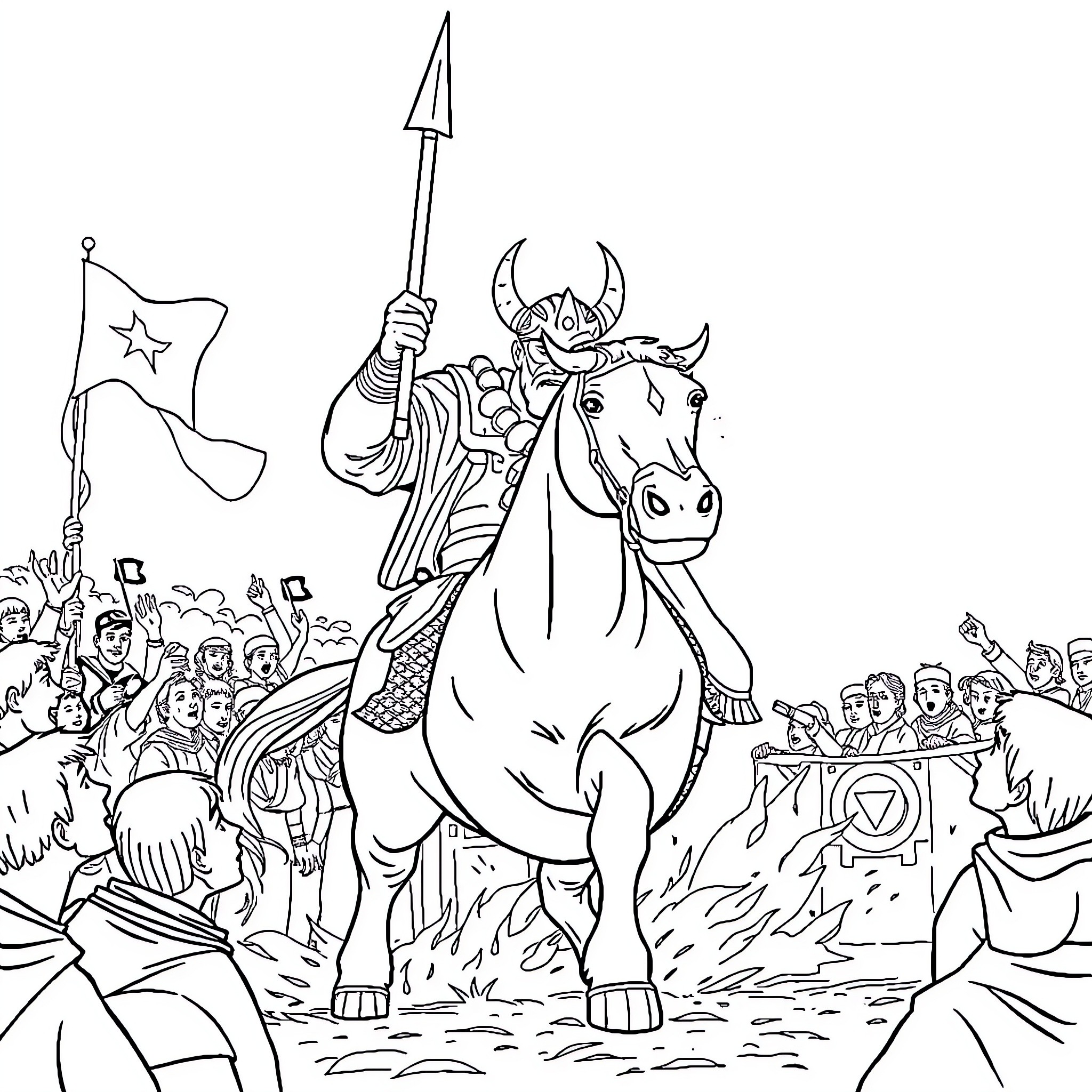 Toro riding a horse through a crowd with a flag Coloring Page (free black-and-white line drawing printable PDF for all, from beginners to advanced learners, including children, teens, adults, and seniors)