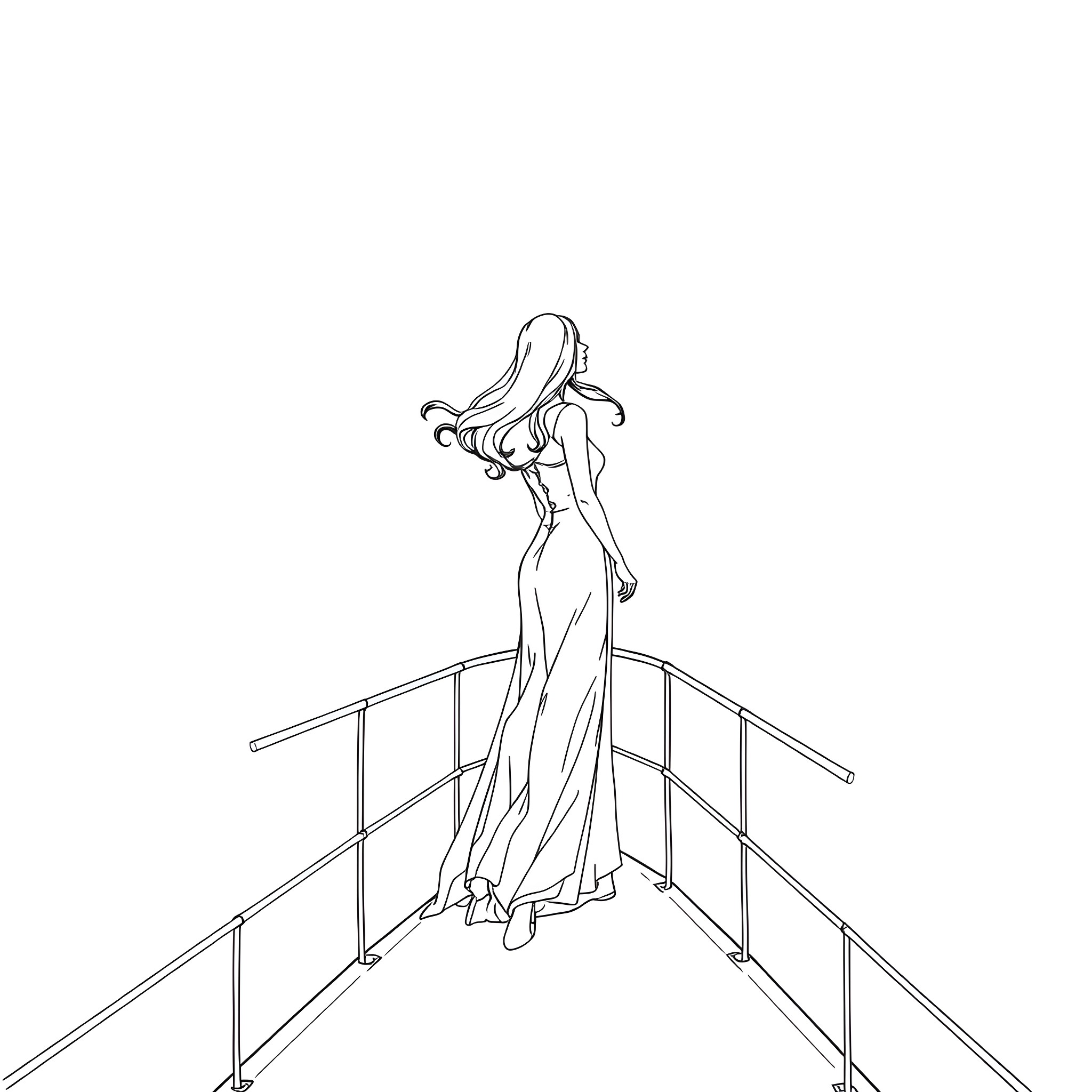 Girl in Flowing Dress on Balcony Coloring Page (free black-and-white line drawing printable PDF for all, from beginners to advanced learners, including children, teens, adults, and seniors)