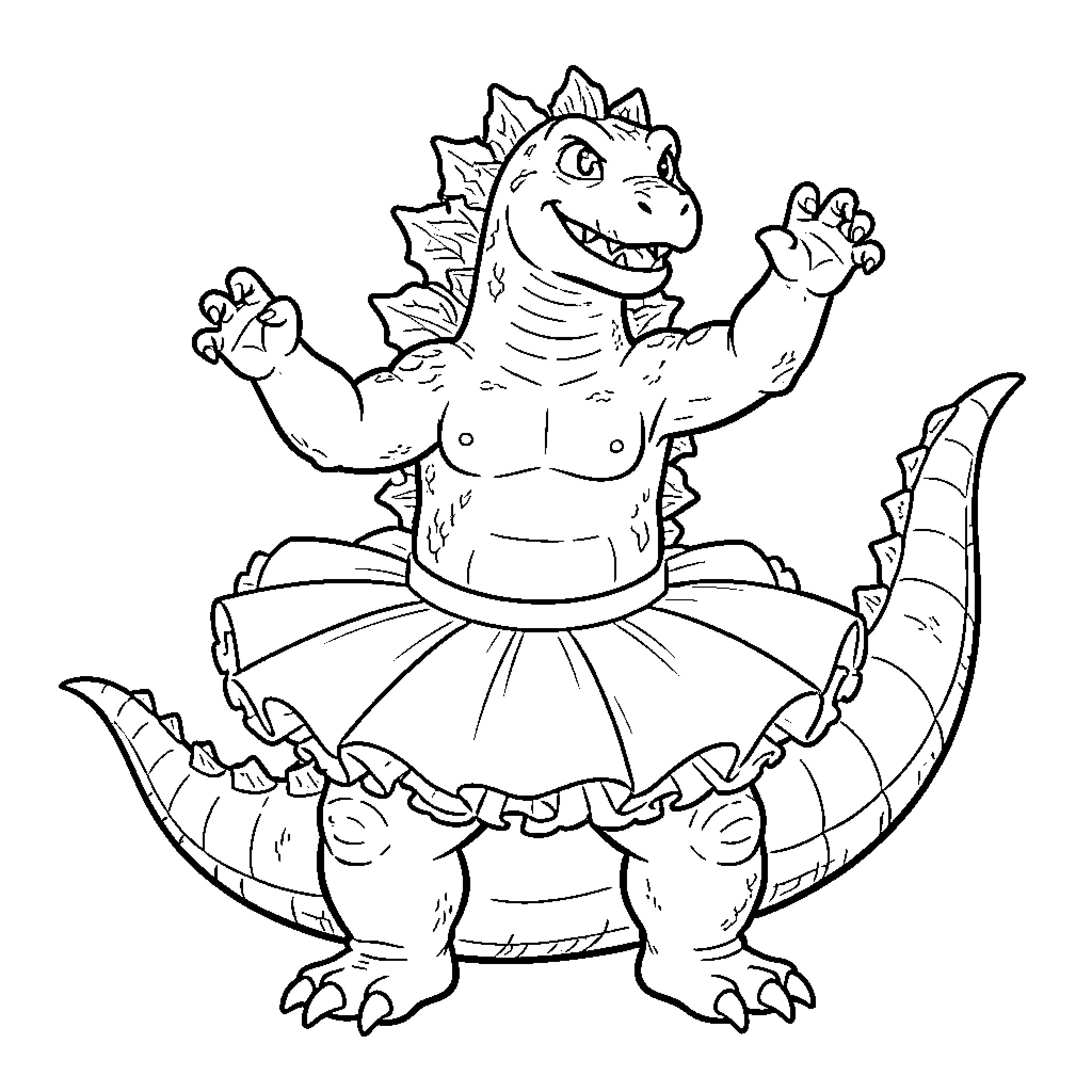 Godzilla dancing in a tutu Coloring Page (free black-and-white line drawing printable PDF for all, from beginners to advanced learners, including children, teens, adults, and seniors)