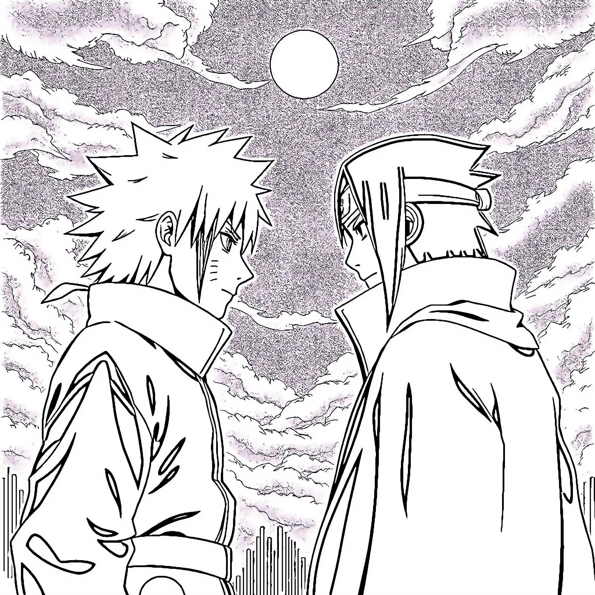 Sasuke and Naruto stand back-to-back in a dramatic scene Coloring Page (free black-and-white line drawing printable PDF for all, from beginners to advanced learners, including children, teens, adults, and seniors)