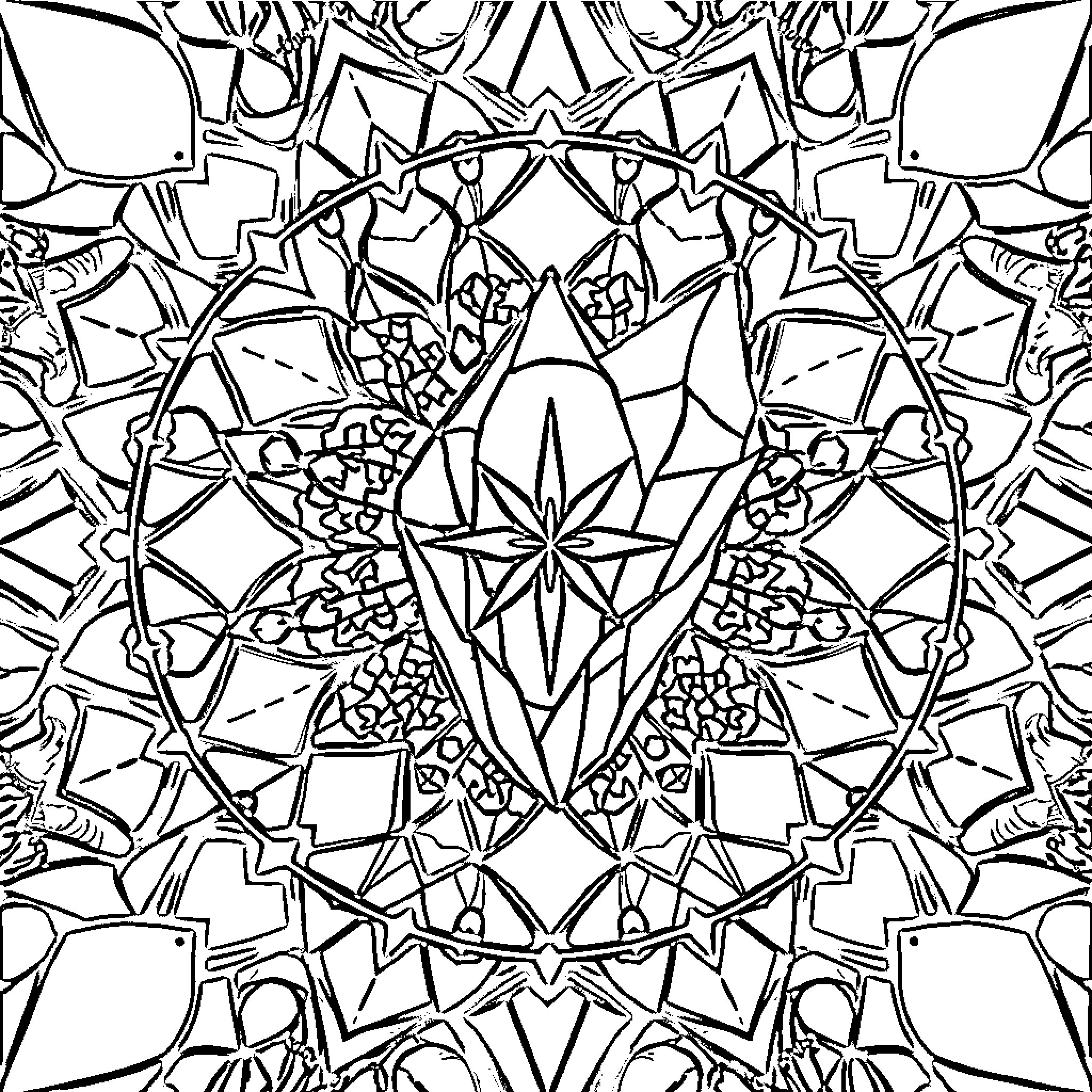 Crystal Kaleidoscopic Mandala Design Coloring Page (free black-and-white line drawing printable PDF for all, from beginners to advanced learners, including children, teens, adults, and seniors)