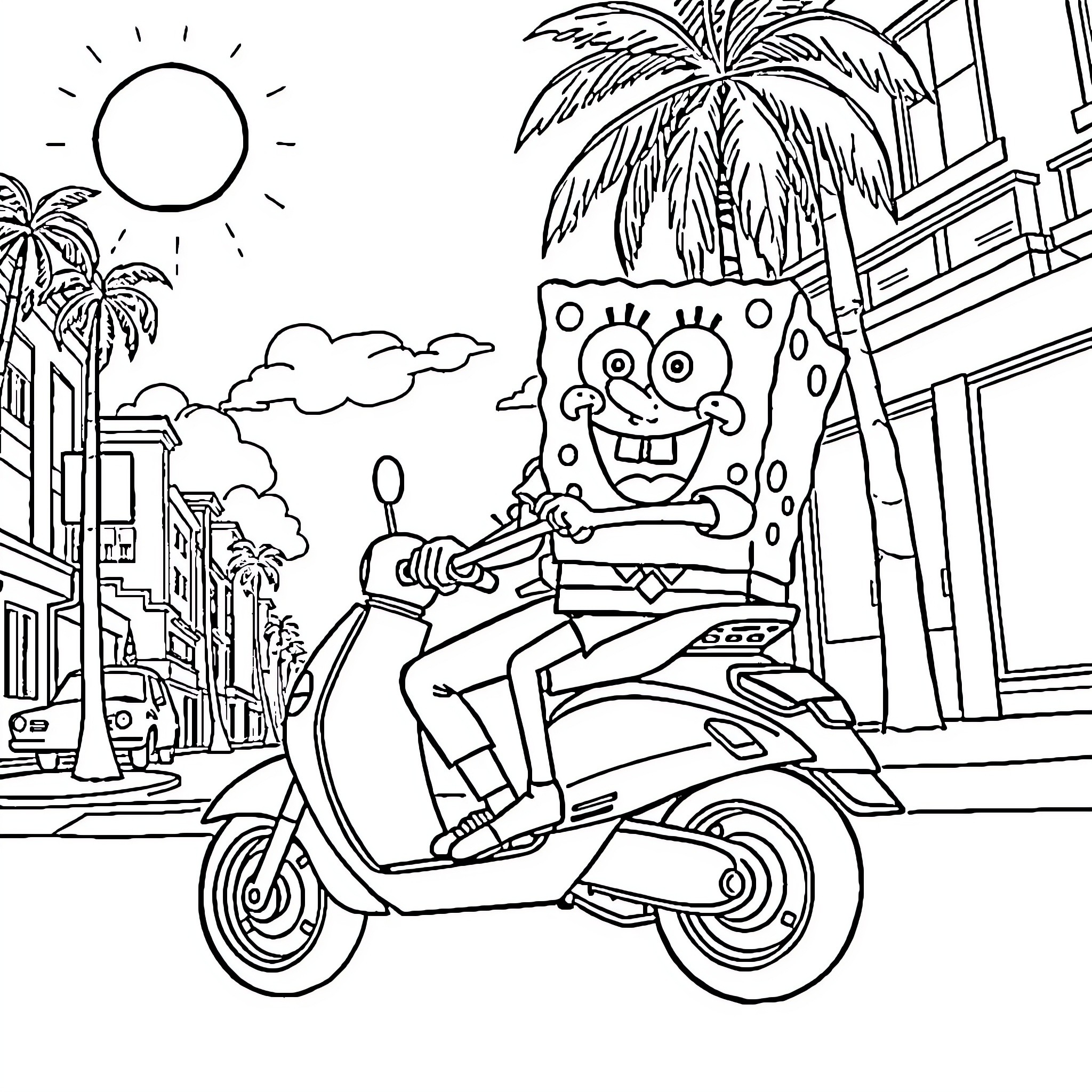 Sangohan riding scooter in tropical city Coloring Page (free black-and-white line drawing printable PDF for all, from beginners to advanced learners, including children, teens, adults, and seniors)