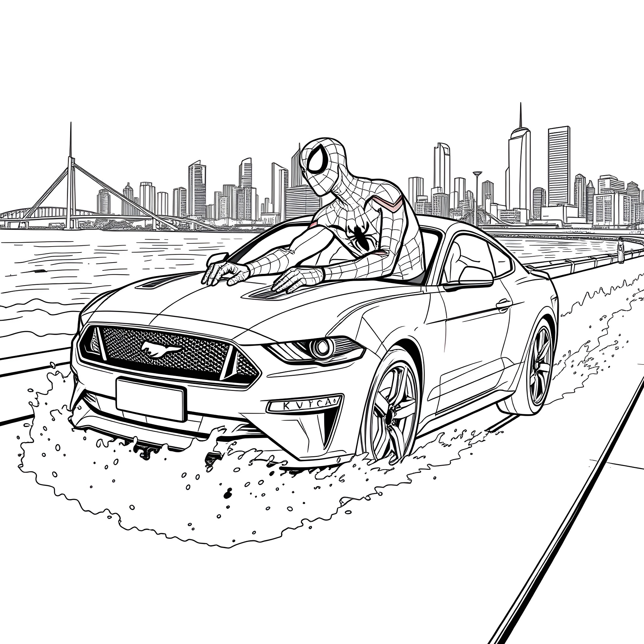 Spiderman swinging through the city in a sports car Coloring Page (free black-and-white line drawing printable PDF for all, from beginners to advanced learners, including children, teens, adults, and seniors)