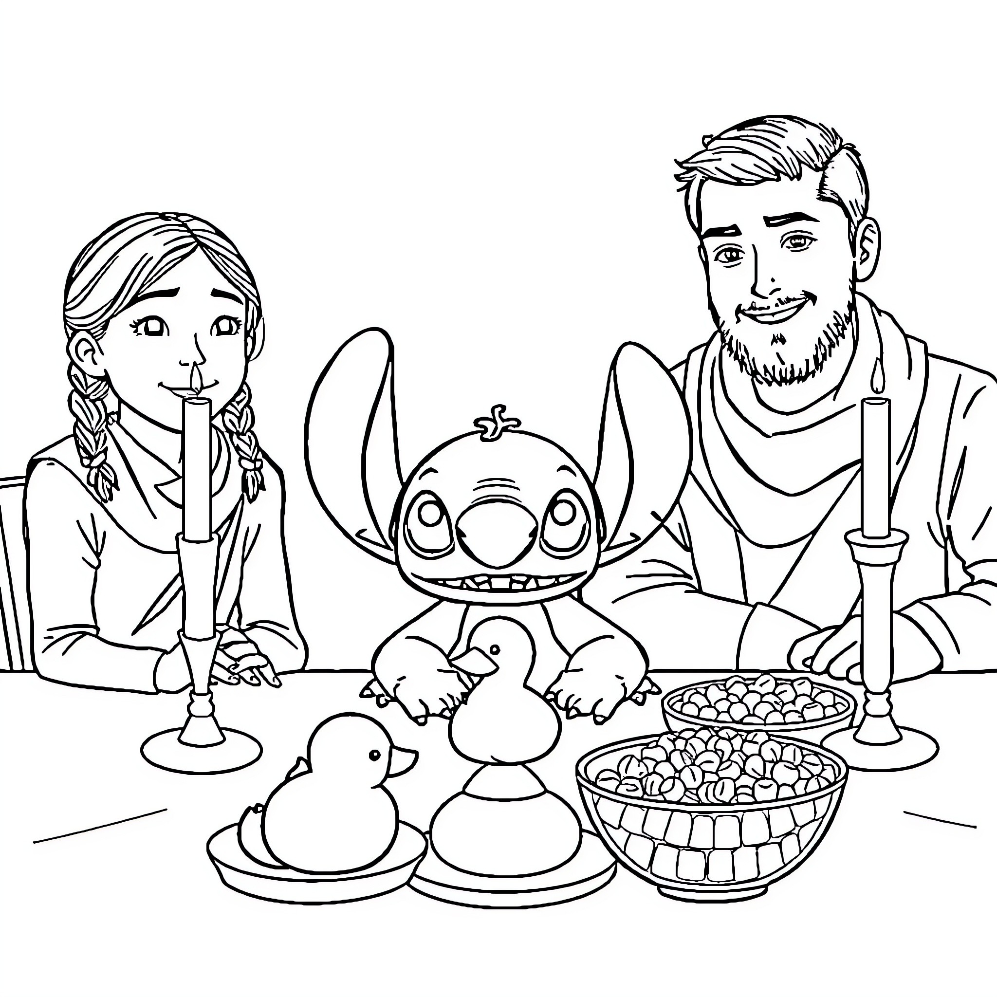Stitch enjoying meal with family Coloring Page (free black-and-white line drawing printable PDF for all, from beginners to advanced learners, including children, teens, adults, and seniors)