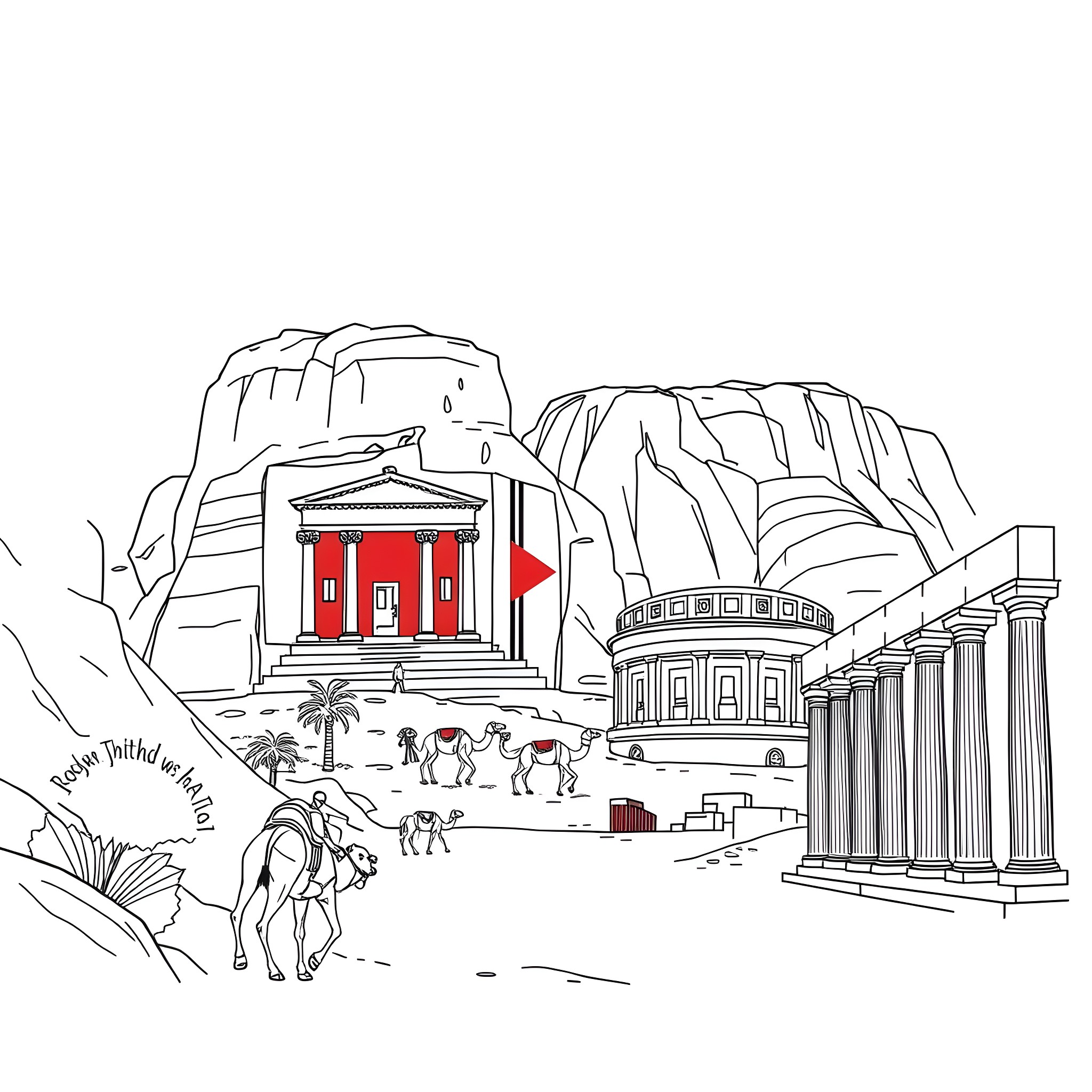 Jordan's Journey Through Ancient Grecian Ruins Coloring Page (free black-and-white line drawing printable PDF for all, from beginners to advanced learners, including children, teens, adults, and seniors)