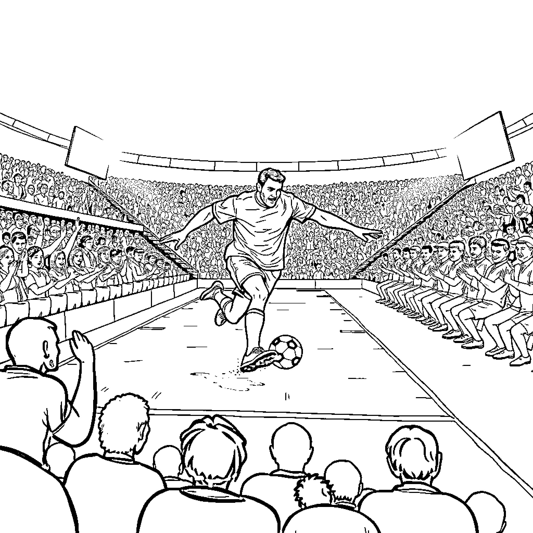 Man playing soccer in a crowded stadium Coloring Page (free black-and-white line drawing printable PDF for all, from beginners to advanced learners, including children, teens, adults, and seniors)