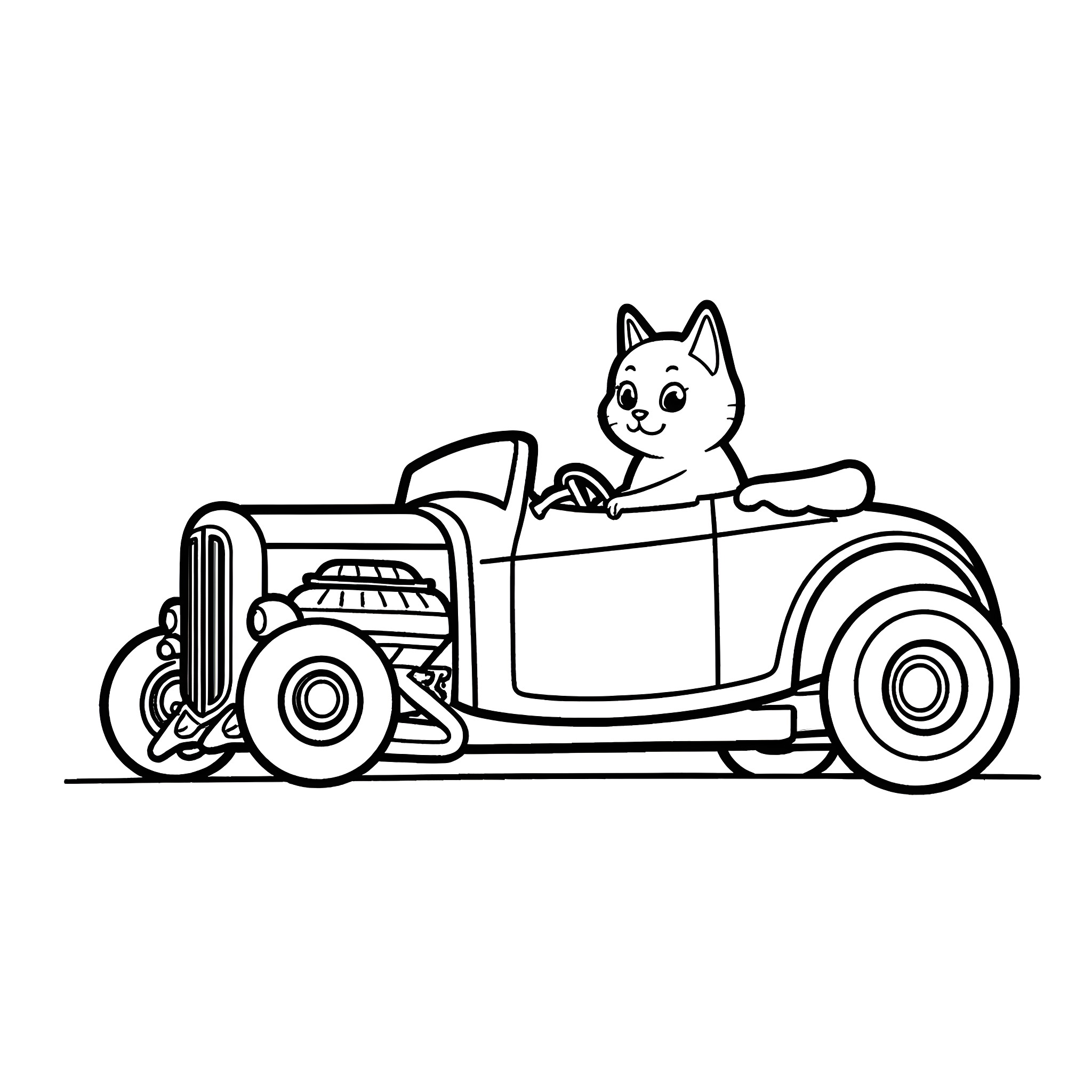 Cat driving a vintage car Coloring Page (free black-and-white line drawing printable PDF for all, from beginners to advanced learners, including children, teens, adults, and seniors)