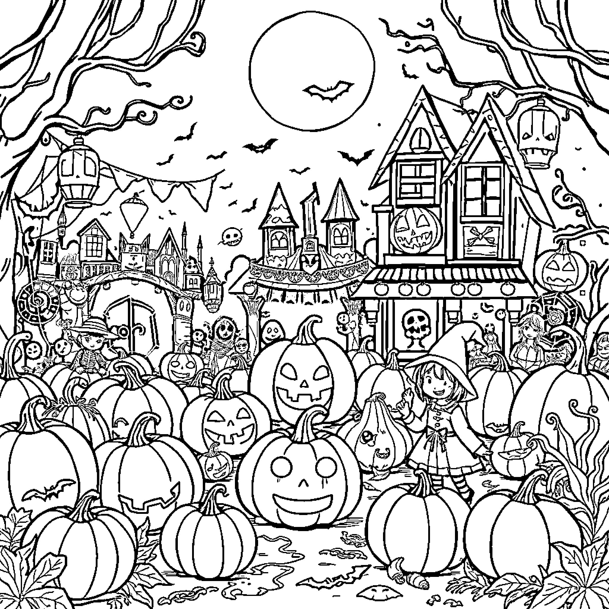 Halloween Celebration in a Spooky Pumpkin-Filled Town Coloring Page (free black-and-white line drawing printable PDF for all, from beginners to advanced learners, including children, teens, adults, and seniors)