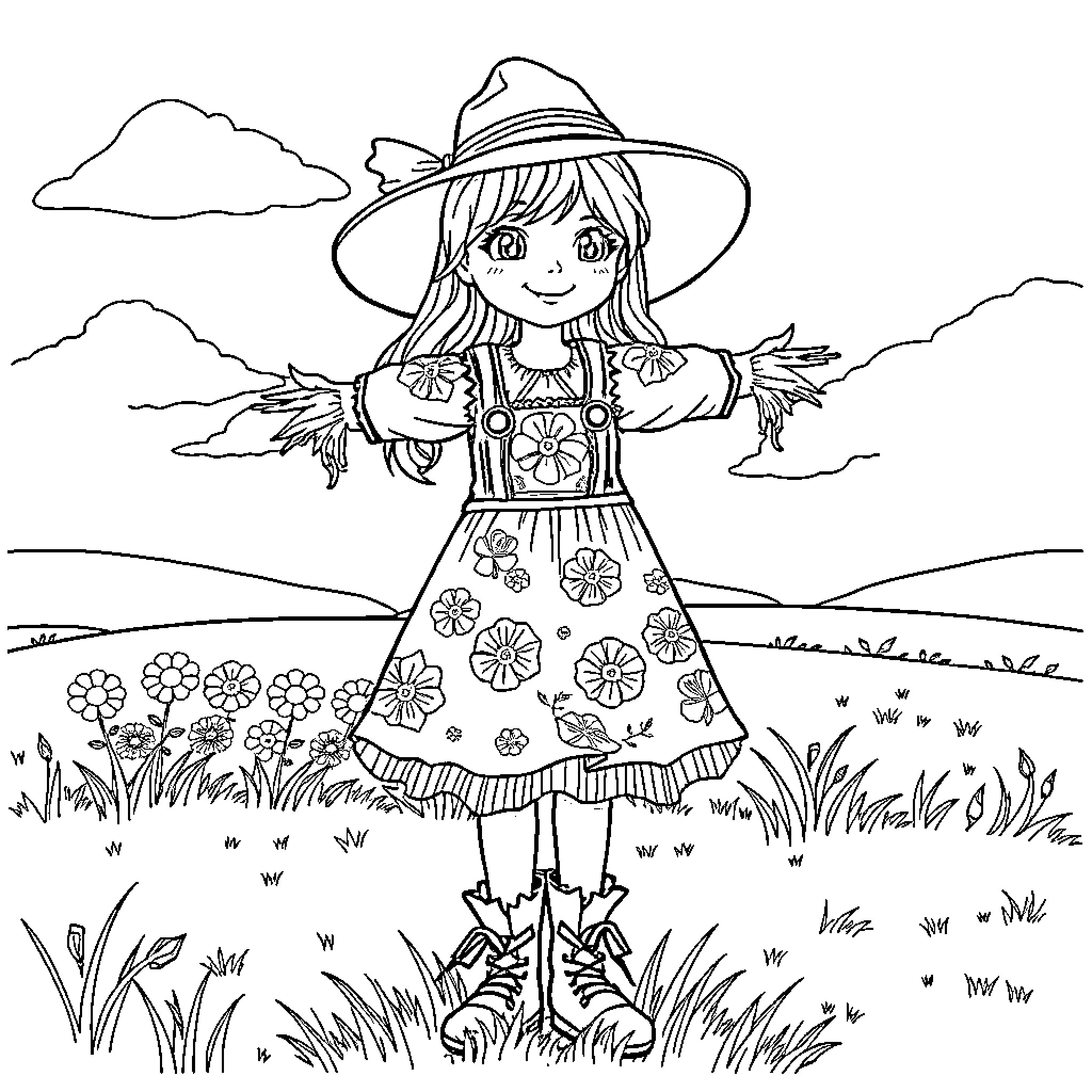 Girl in floral dress standing in meadow Coloring Page (free black-and-white line drawing printable PDF for all, from beginners to advanced learners, including children, teens, adults, and seniors)