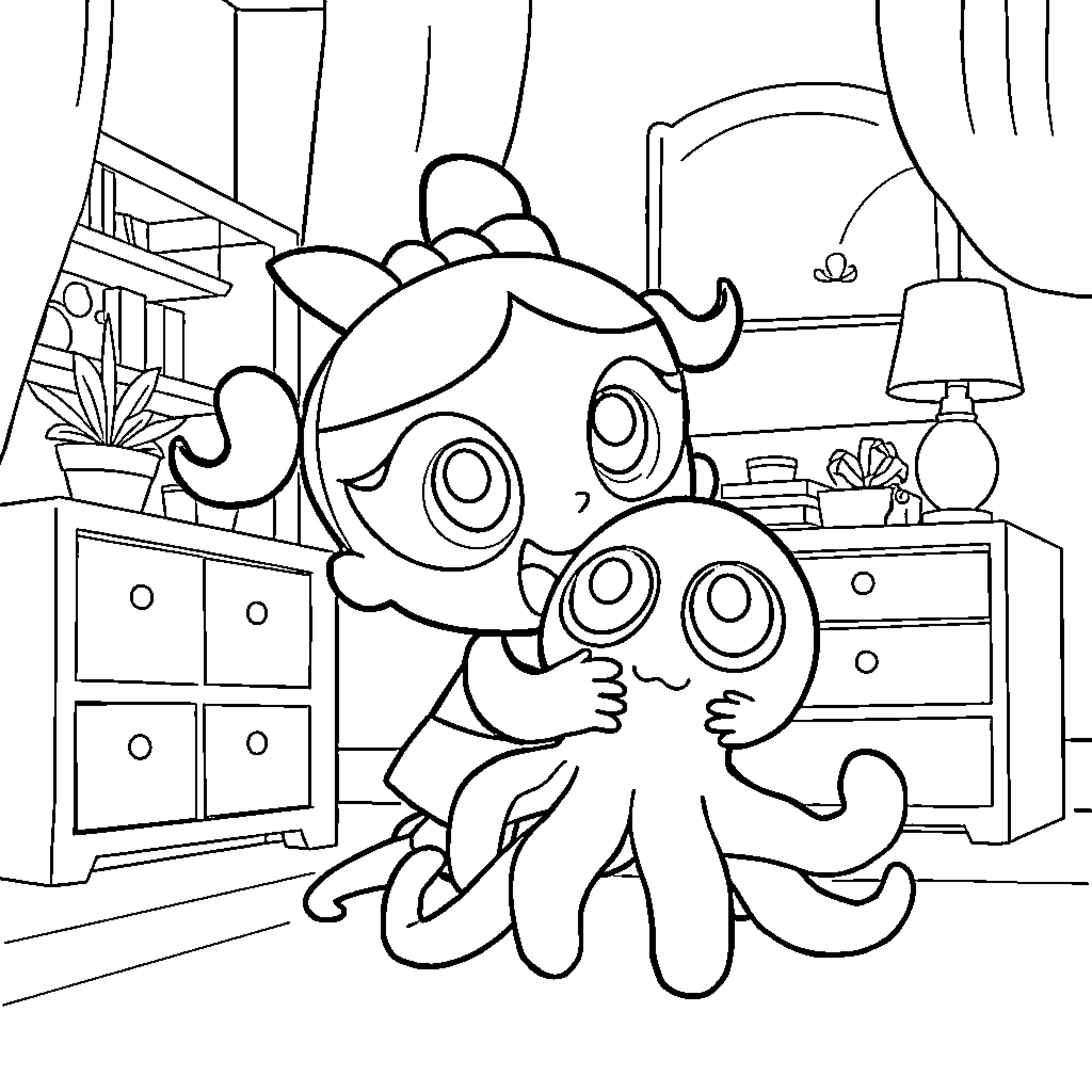 Bubbles playing with friend in cozy bedroom Coloring Page (free black-and-white line drawing printable PDF for all, from beginners to advanced learners, including children, teens, adults, and seniors)