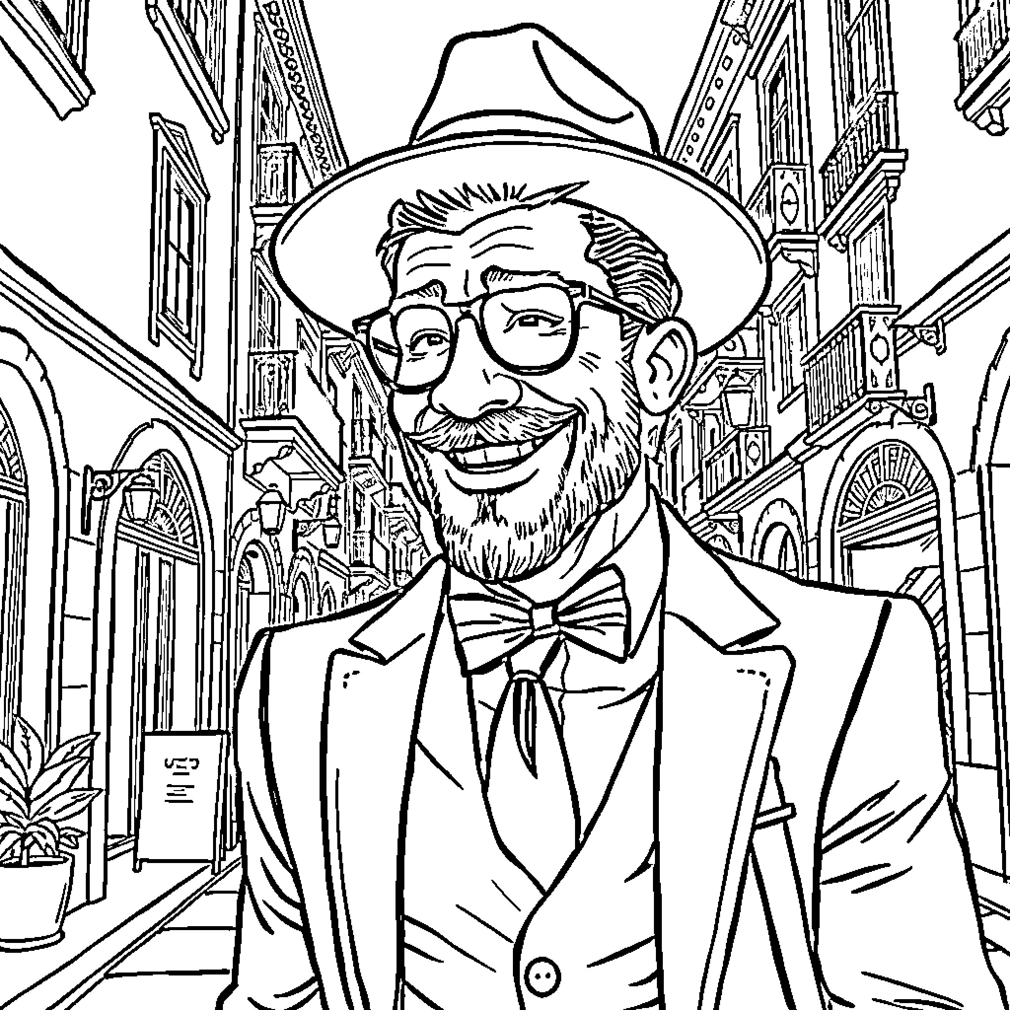 Man smiling and wearing hat on city street Coloring Page (free black-and-white line drawing printable PDF for all, from beginners to advanced learners, including children, teens, adults, and seniors)