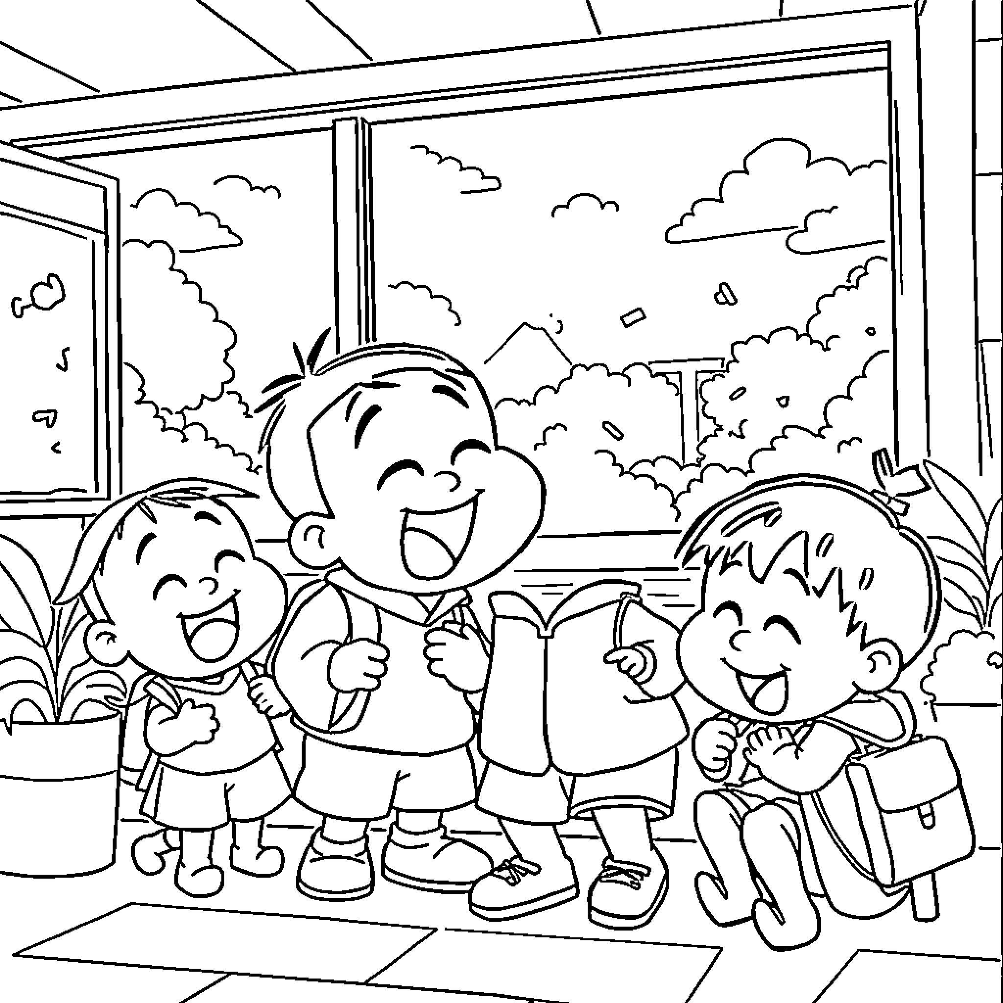 Shin Chan and Friends Enjoying Outdoor Activities Coloring Page (free black-and-white line drawing printable PDF for all, from beginners to advanced learners, including children, teens, adults, and seniors)