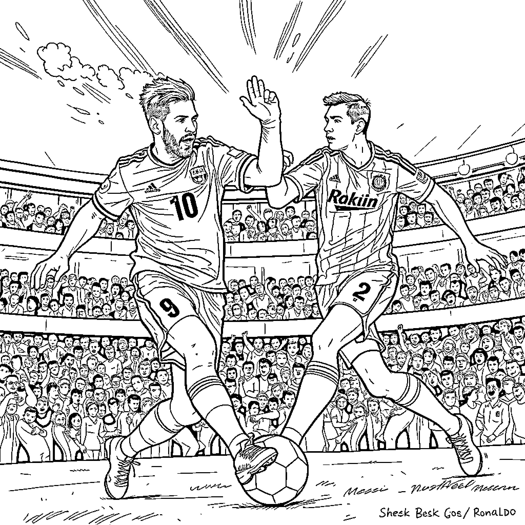 Messi and Ronaldo facing off on the soccer field Coloring Page (free black-and-white line drawing printable PDF for all, from beginners to advanced learners, including children, teens, adults, and seniors)