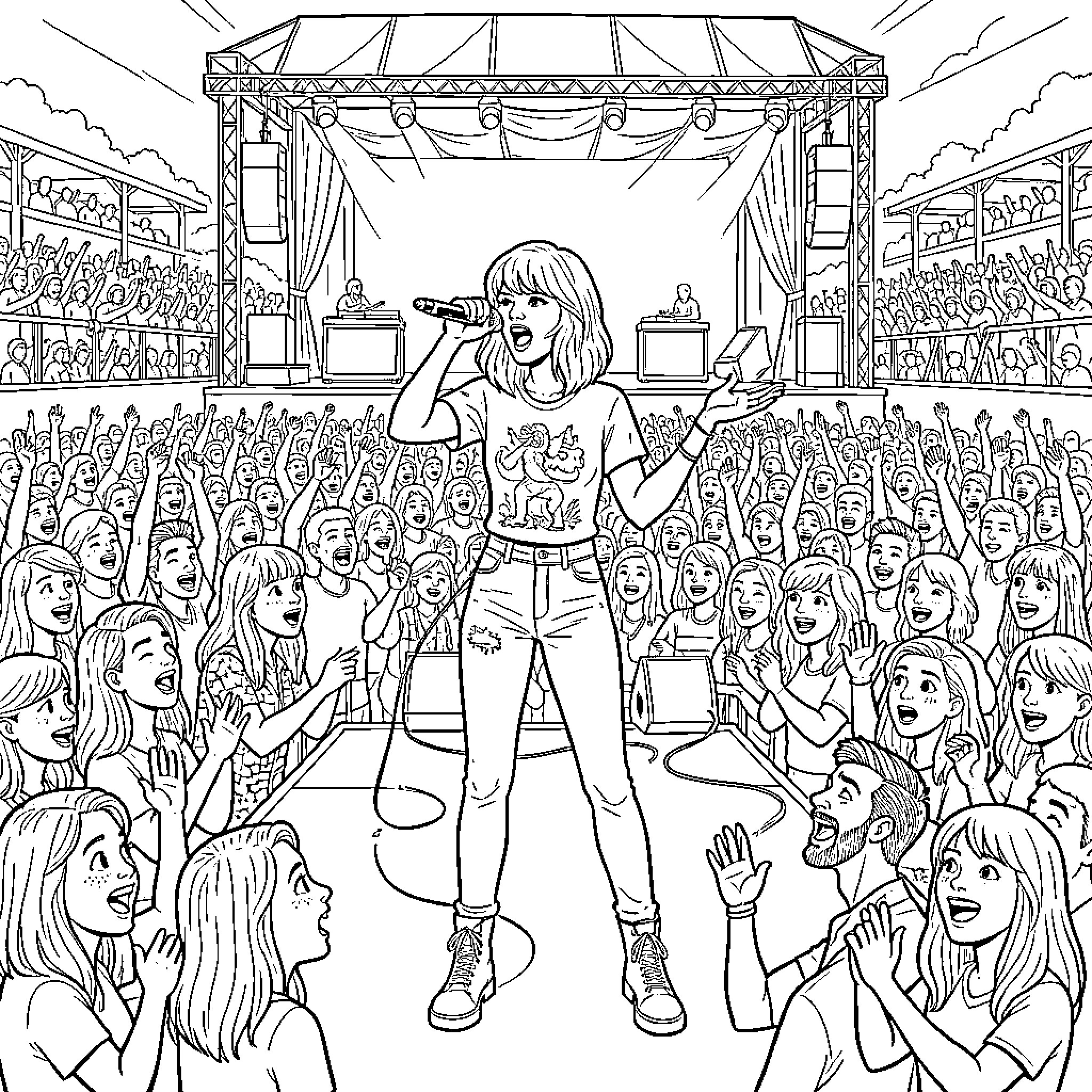Taylor Swift performing on stage with a crowd Coloring Page (free black-and-white line drawing printable PDF for all, from beginners to advanced learners, including children, teens, adults, and seniors)