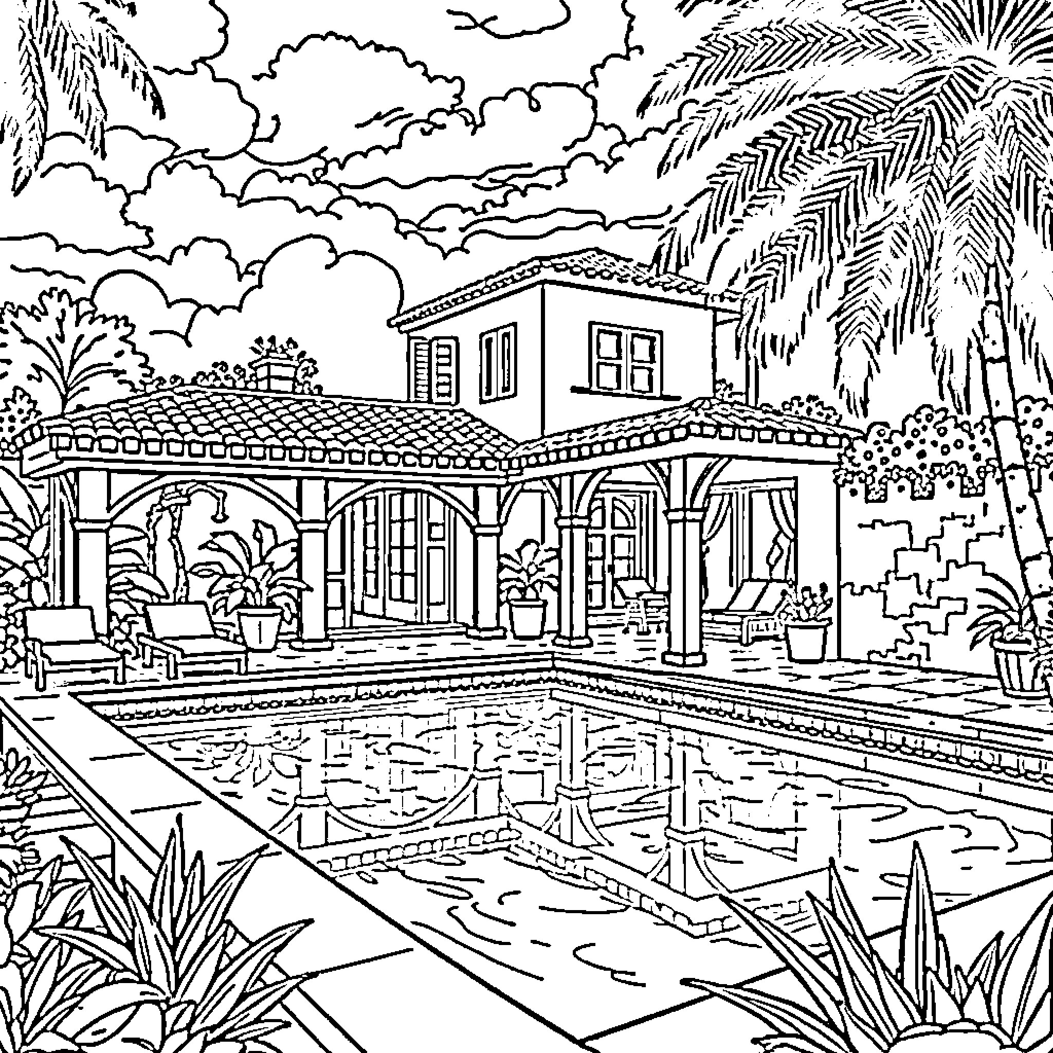House by the pool with palm trees Coloring Page (free black-and-white line drawing printable PDF for all, from beginners to advanced learners, including children, teens, adults, and seniors)