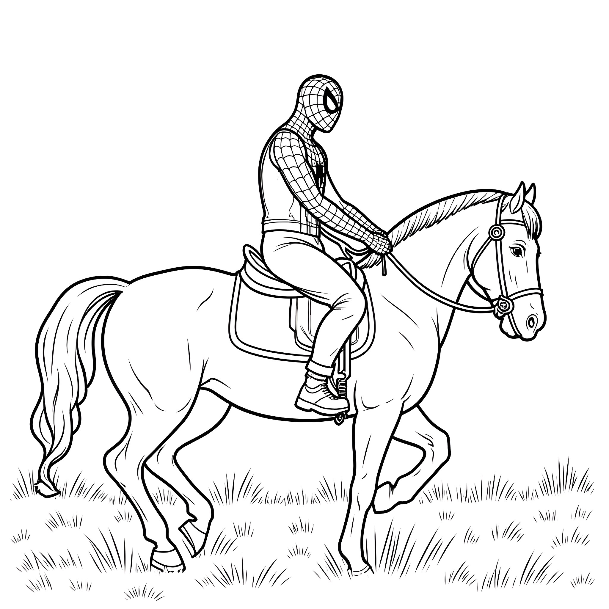 Spiderman riding a horse through the fields Coloring Page (free black-and-white line drawing printable PDF for all, from beginners to advanced learners, including children, teens, adults, and seniors)