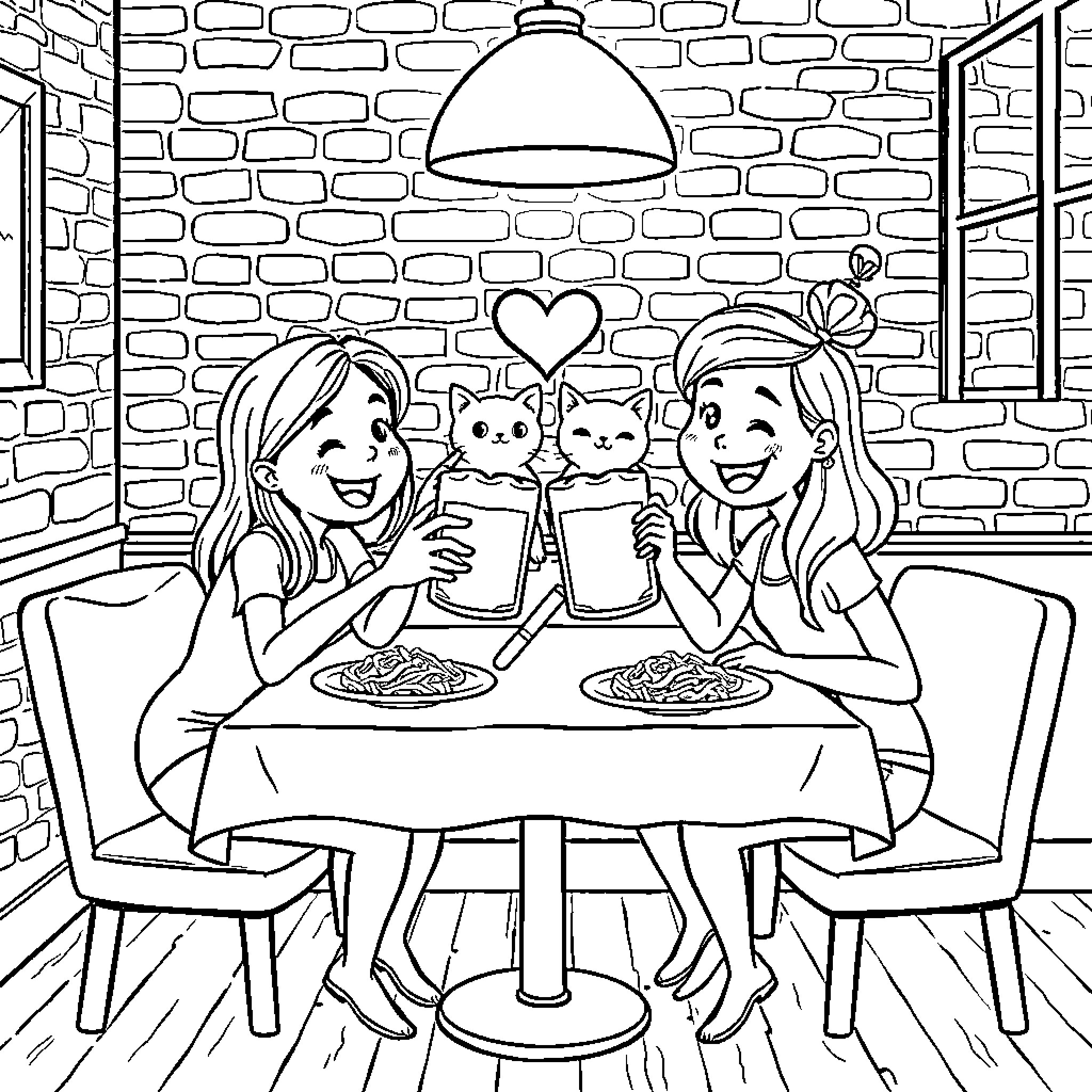 Friend's Cozy Cafe Gathering Coloring Page (free black-and-white line drawing printable PDF for all, from beginners to advanced learners, including children, teens, adults, and seniors)