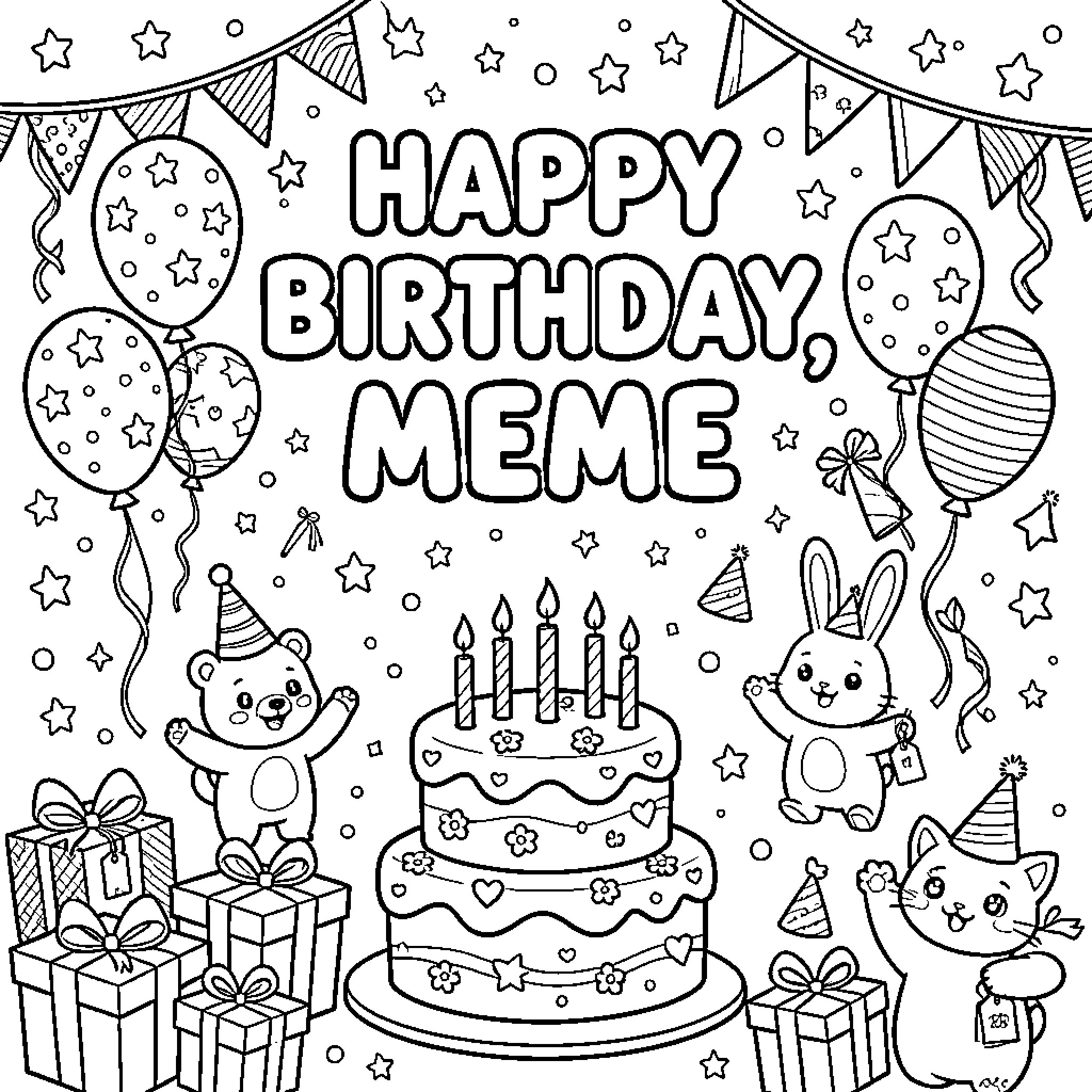 Birthday Party Celebration with Adorable Animals Coloring Page (free black-and-white line drawing printable PDF for all, from beginners to advanced learners, including children, teens, adults, and seniors)
