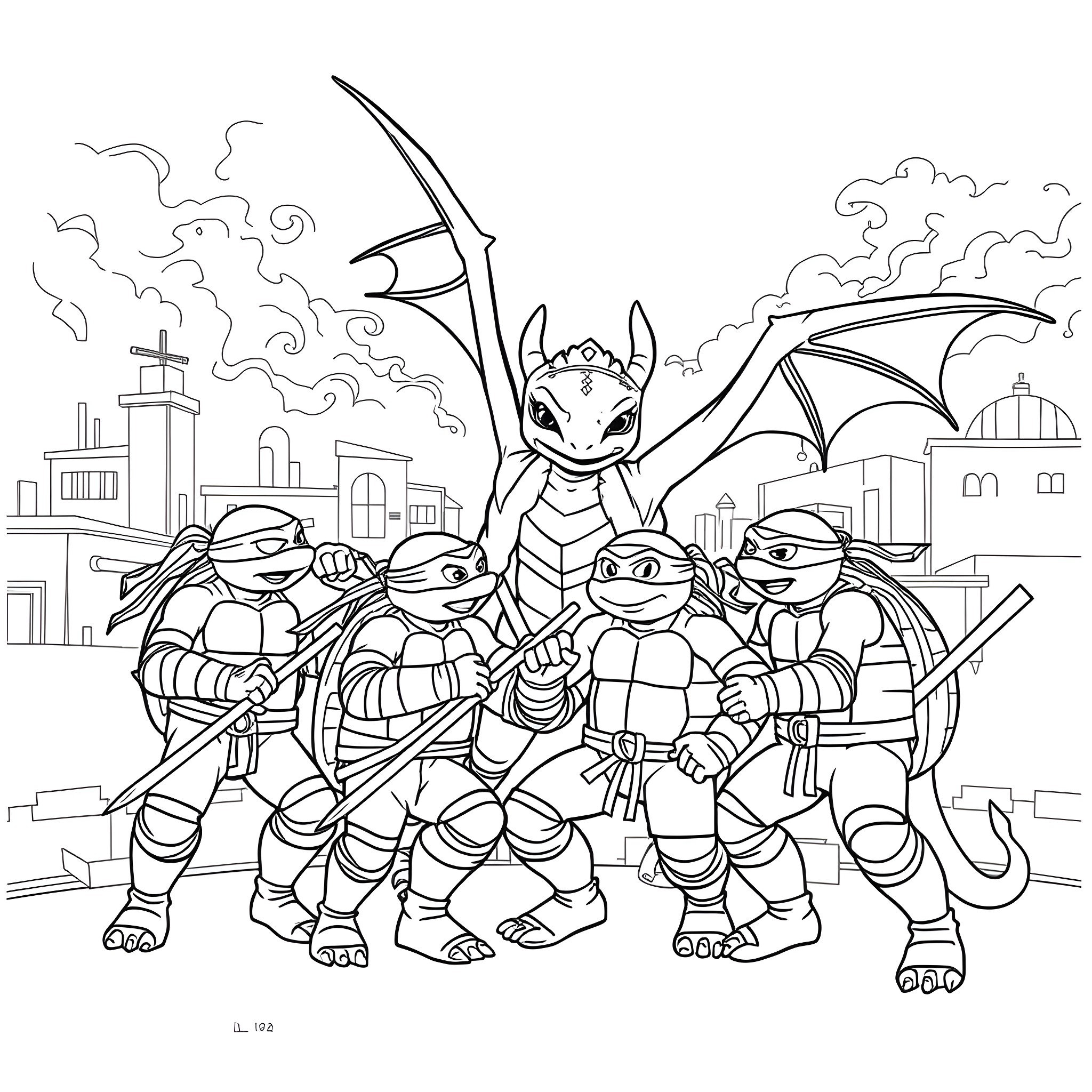 Ninja Turtle Heroes Fighting in the City Coloring Page (free black-and-white line drawing printable PDF for all, from beginners to advanced learners, including children, teens, adults, and seniors)