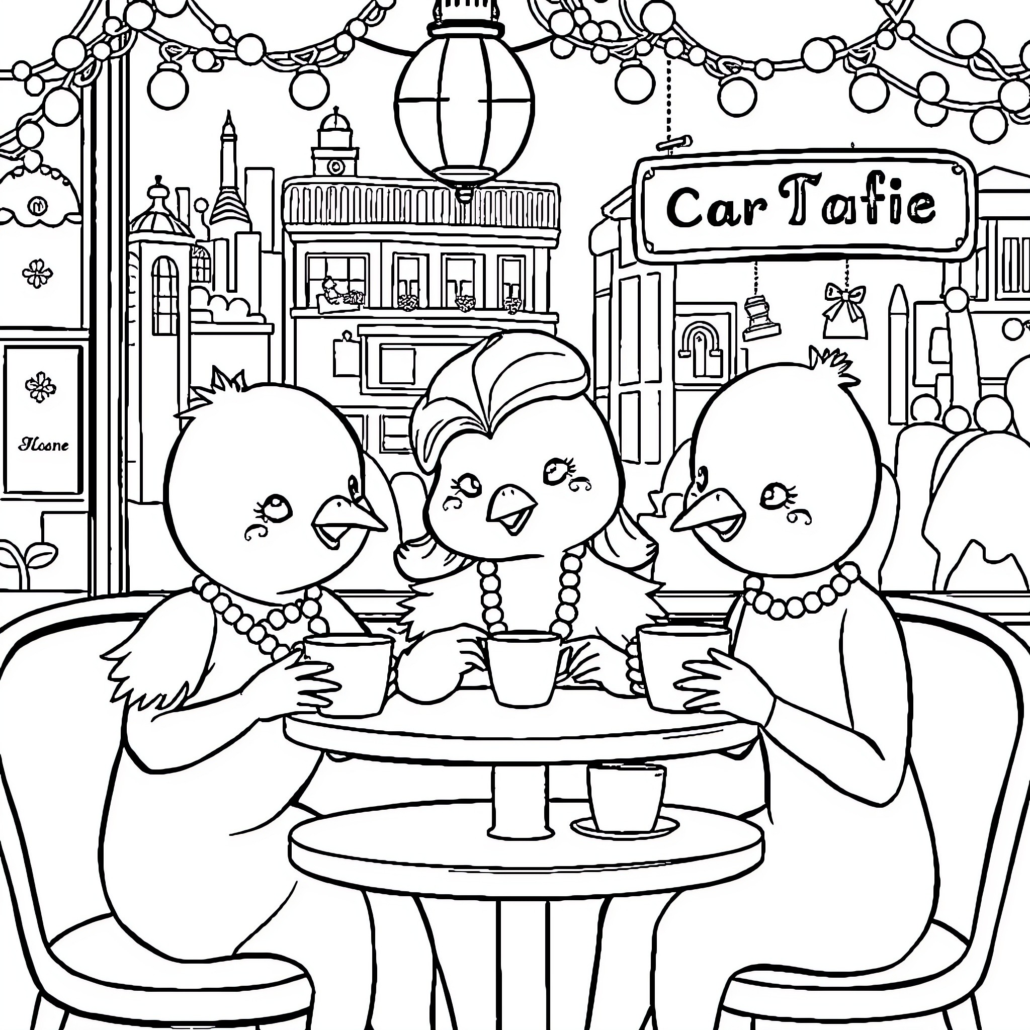 Chicks enjoying cozy cafe atmosphere Coloring Page (free black-and-white line drawing printable PDF for all, from beginners to advanced learners, including children, teens, adults, and seniors)