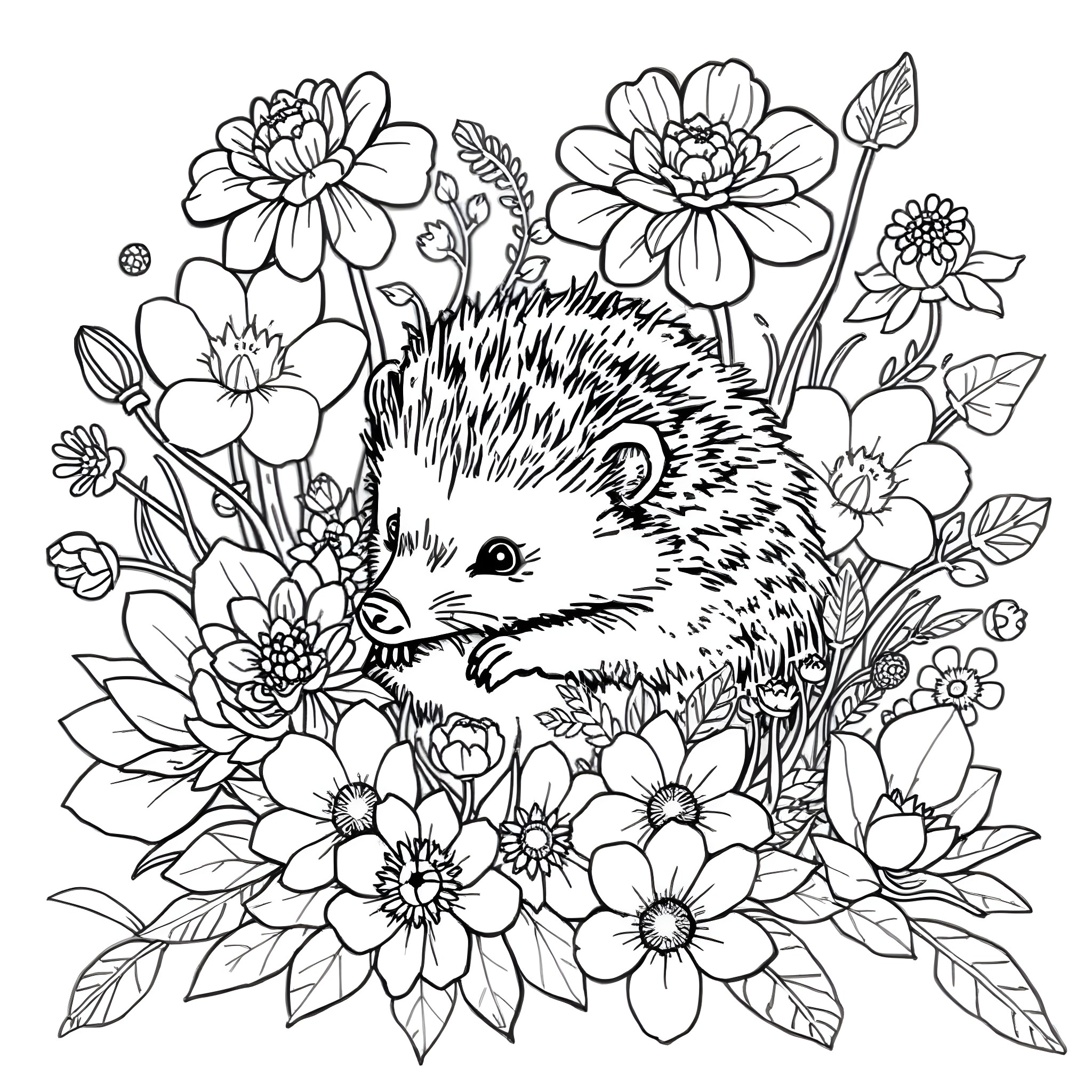 Hedgehog amidst a floral garden Coloring Page (free black-and-white line drawing printable PDF for all, from beginners to advanced learners, including children, teens, adults, and seniors)