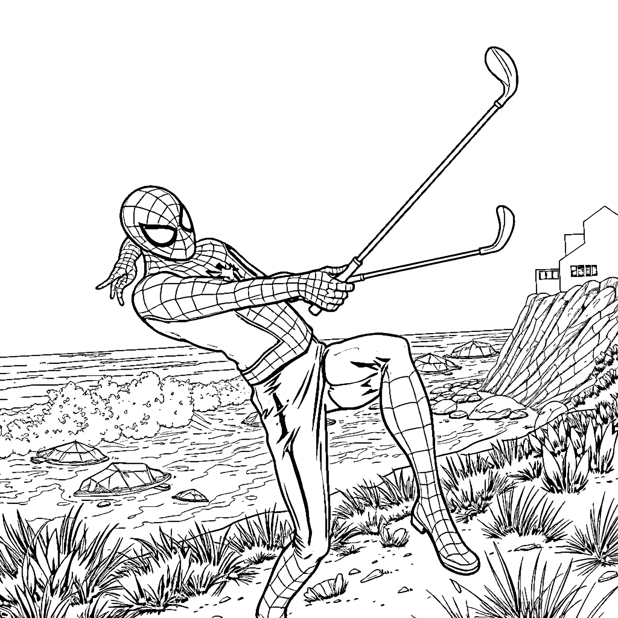 Spider-Man swinging through the desert landscape Coloring Page (free black-and-white line drawing printable PDF for all, from beginners to advanced learners, including children, teens, adults, and seniors)