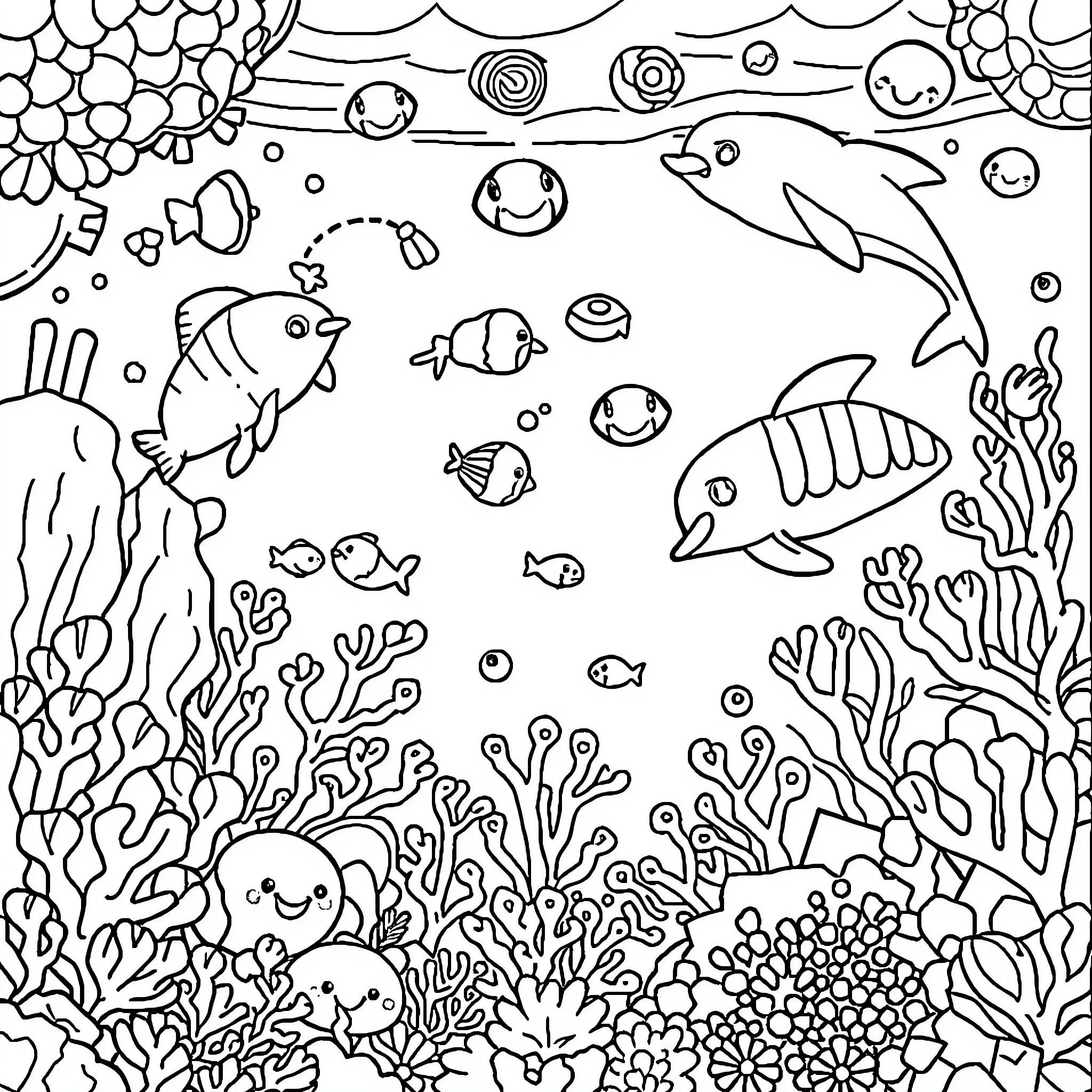 Sea creatures and coral reef exploration Coloring Page (free black-and-white line drawing printable PDF for all, from beginners to advanced learners, including children, teens, adults, and seniors)