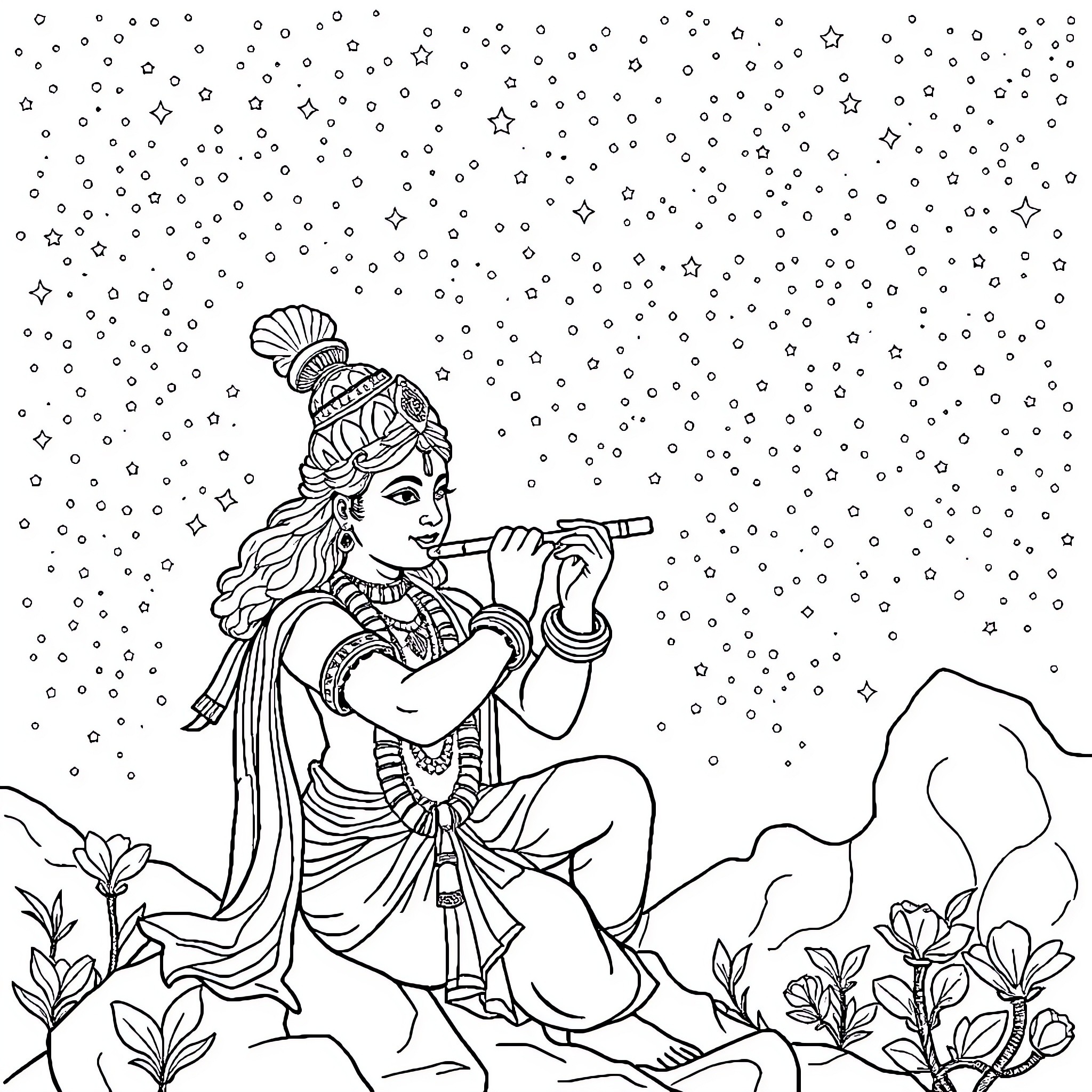 Krishna playing the flute under the stars Coloring Page (free black-and-white line drawing printable PDF for all, from beginners to advanced learners, including children, teens, adults, and seniors)