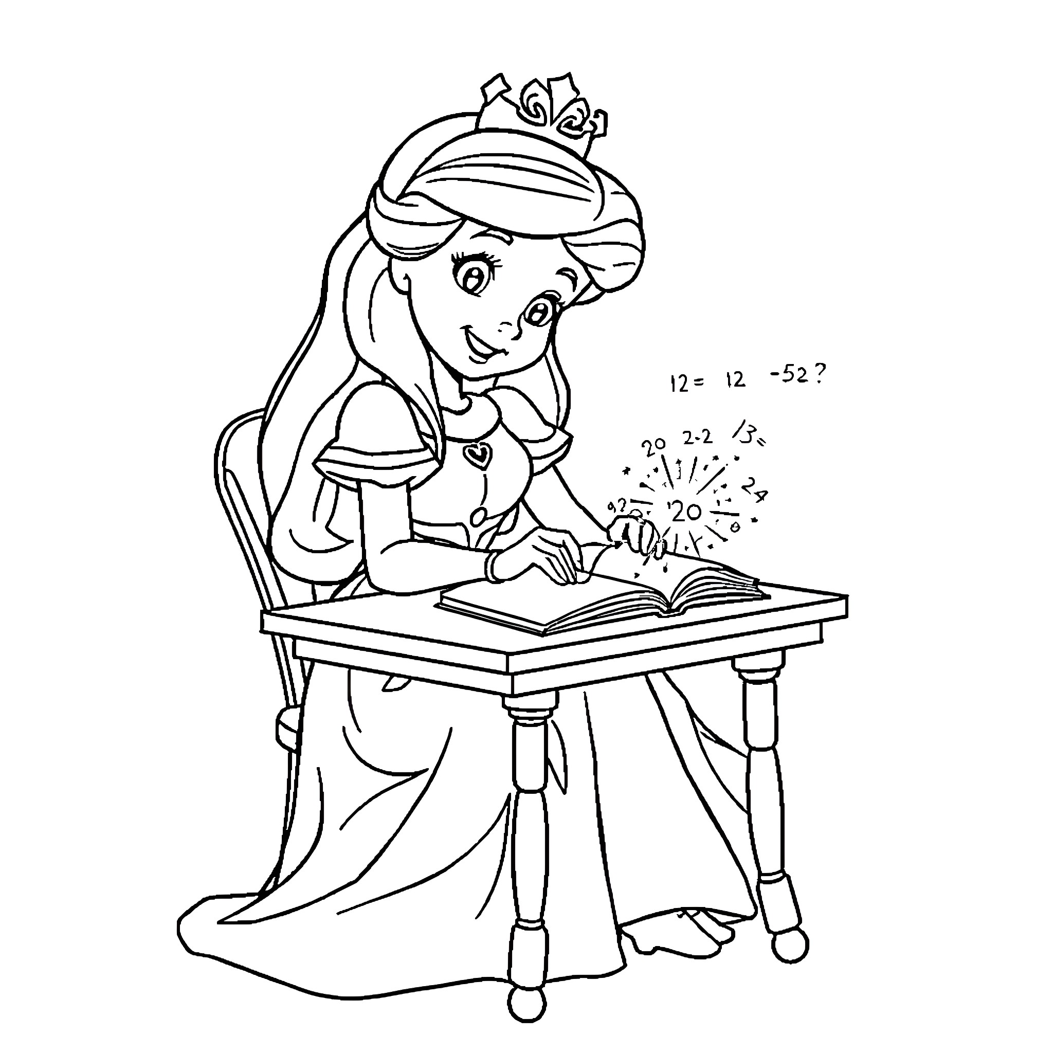 Disney Princess studying diligently at her desk Coloring Page (free black-and-white line drawing printable PDF for all, from beginners to advanced learners, including children, teens, adults, and seniors)